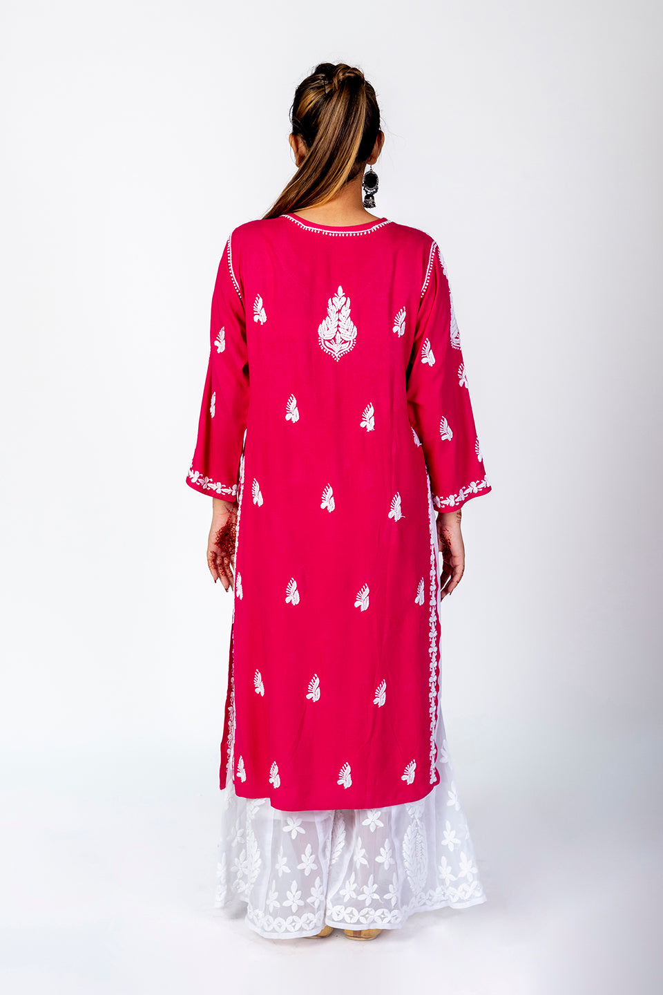 Super Soft Fine Rayon Chikankari Kurti Pink Colour Lucknow Chikan Emporium.