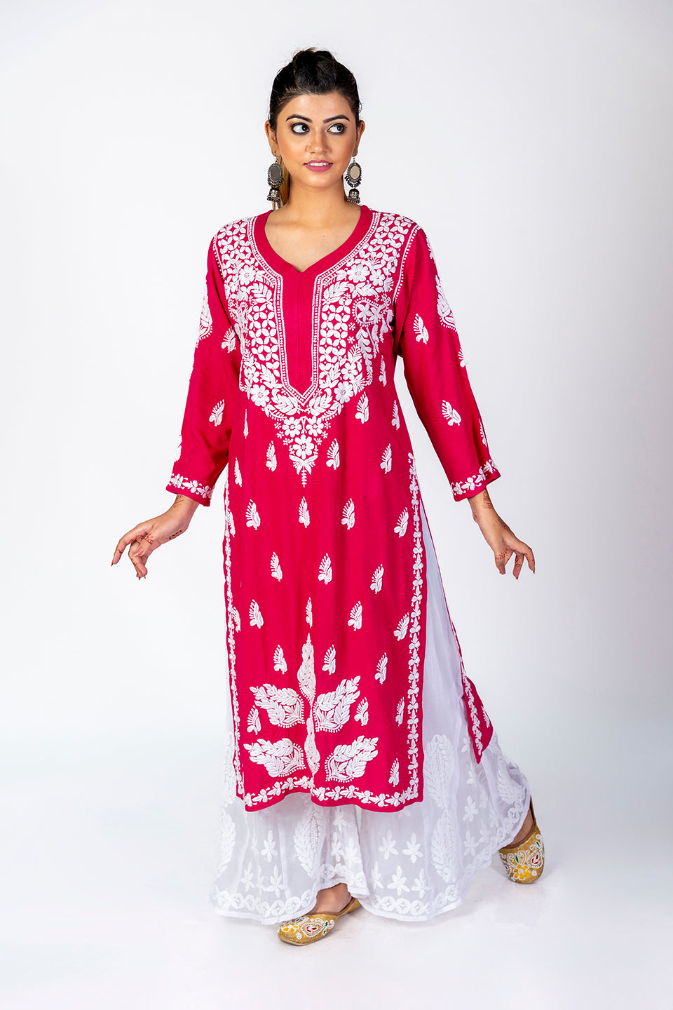 Super Soft Fine Rayon Chikankari Kurti Pink Colour Lucknow Chikan Emporium.