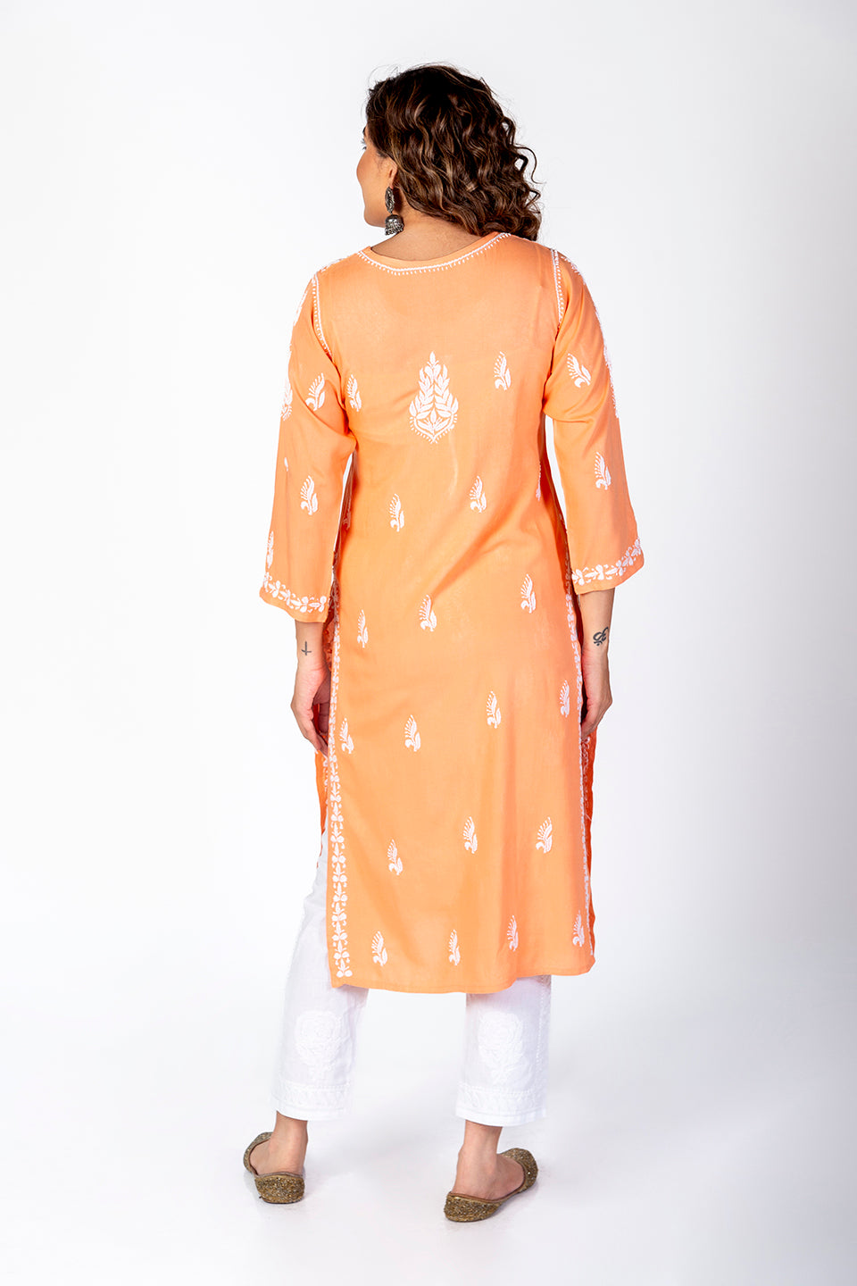 Super Soft Fine Rayon Chikankari Kurti Peach Colour Lucknow Chikan Emporium.