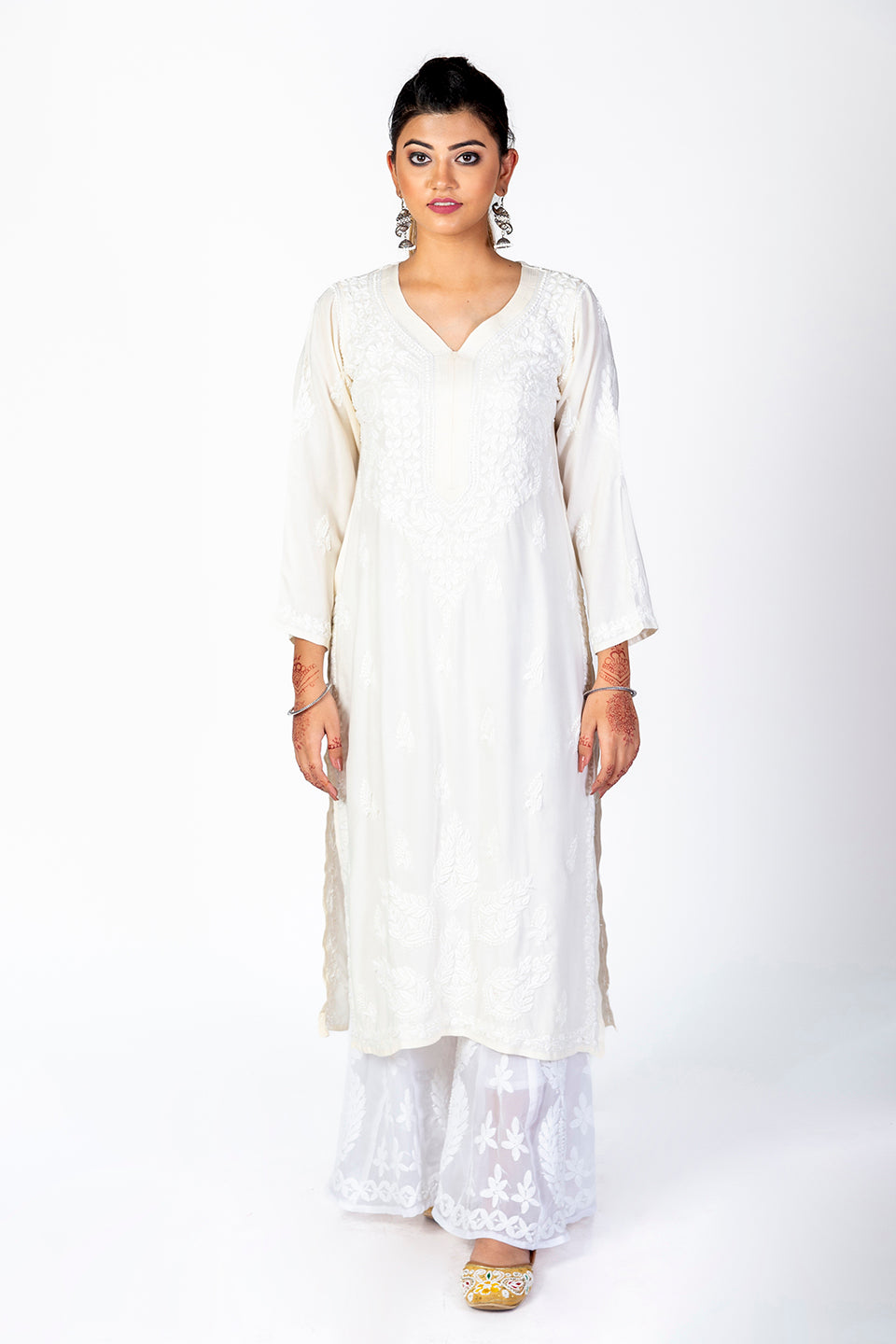 Super Soft Fine Rayon Chikankari Kurti Off White Colour Lucknow Chikan Emporium.