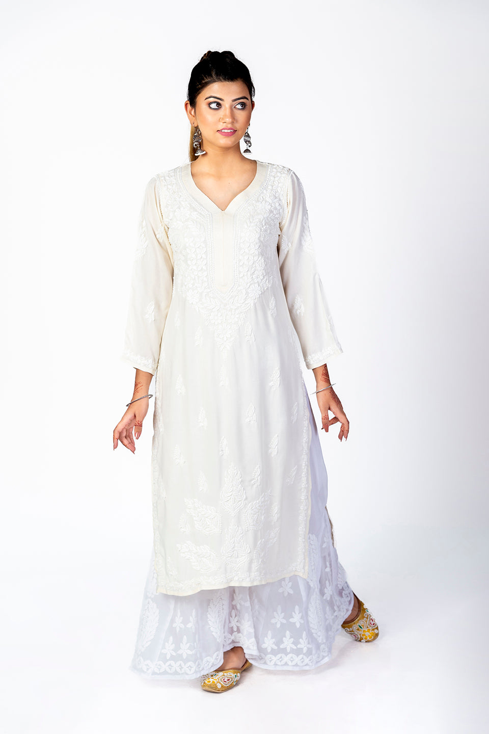 Super Soft Fine Rayon Chikankari Kurti Off White Colour Lucknow Chikan Emporium.