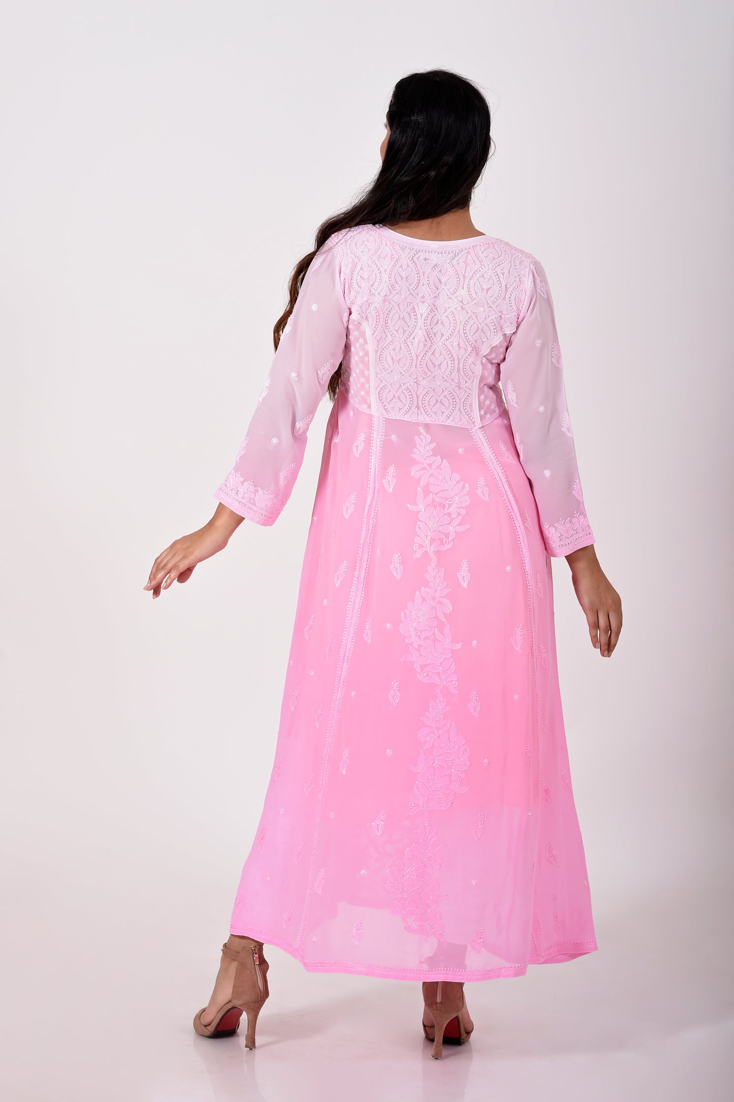 pure / viscose georgette Chikankari Light Pink Hand embroided skin friendly Kurti Lucknow Chikan Emporium.