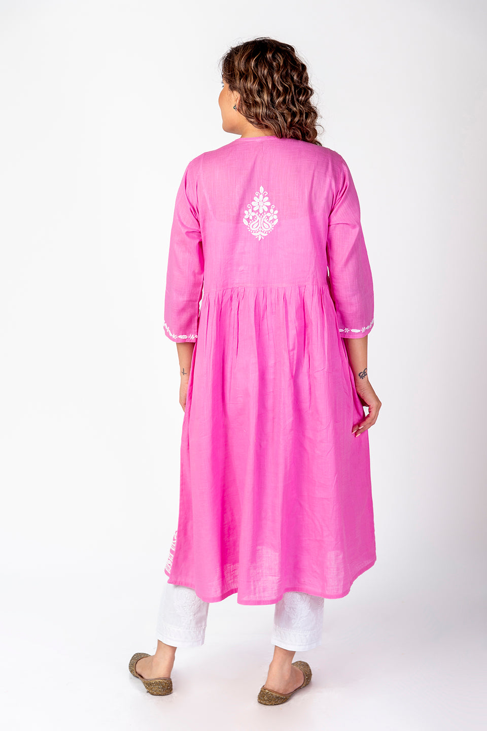 Nice Hand Embroided Skin Freindly Cotton Chikankari Pink Angarkha Lucknow Chikan Emporium.