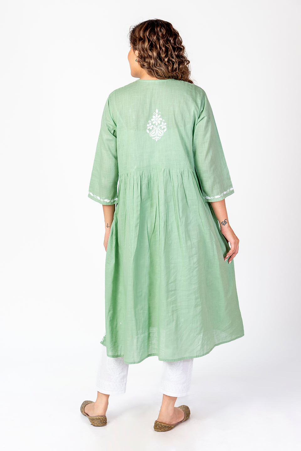 Nice Hand Embroided Skin Freindly Rayon Chikankari Pista Green Angarkha Lucknow Chikan Emporium.