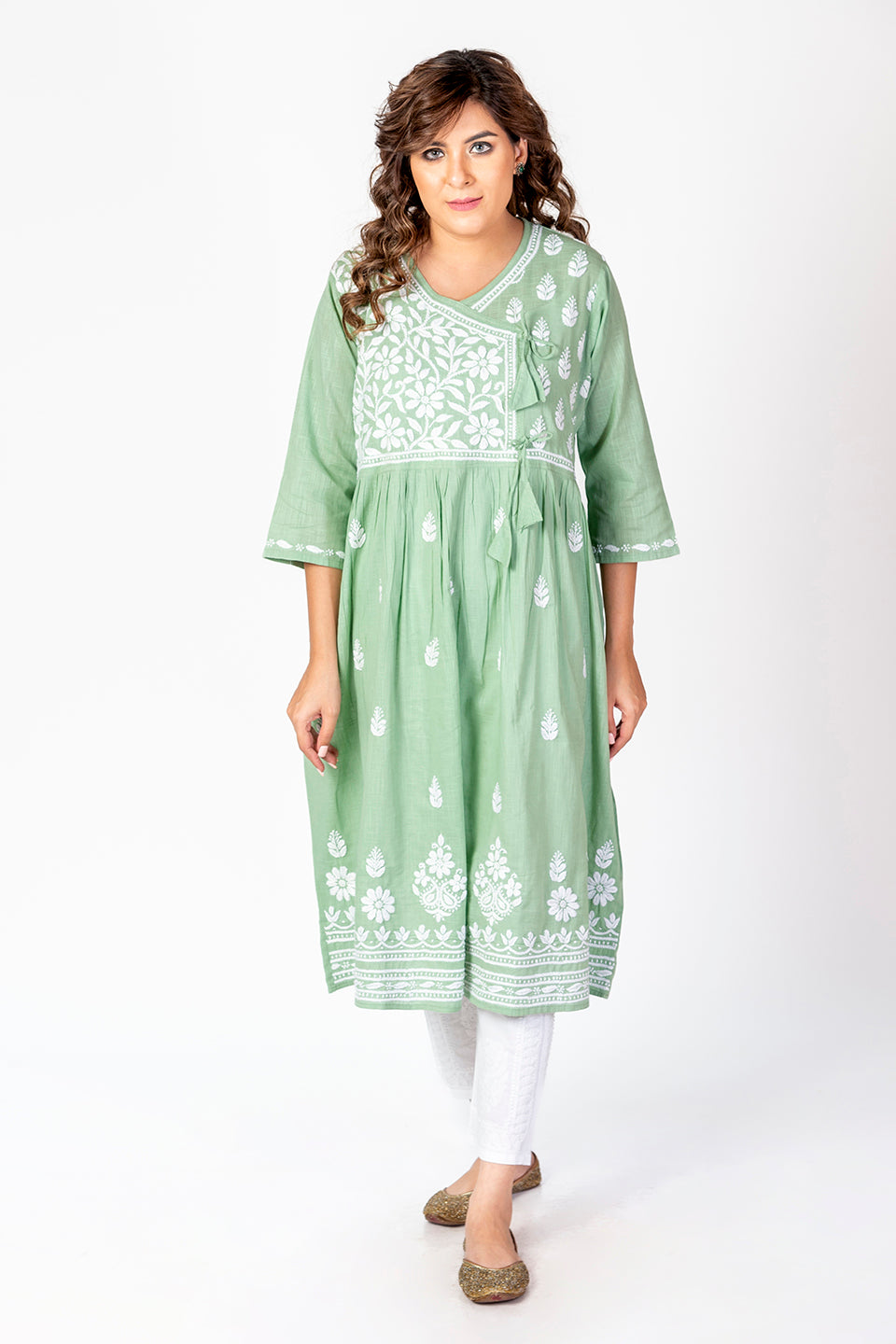Nice Hand Embroided Skin Freindly Rayon Chikankari Pista Green Angarkha Lucknow Chikan Emporium.