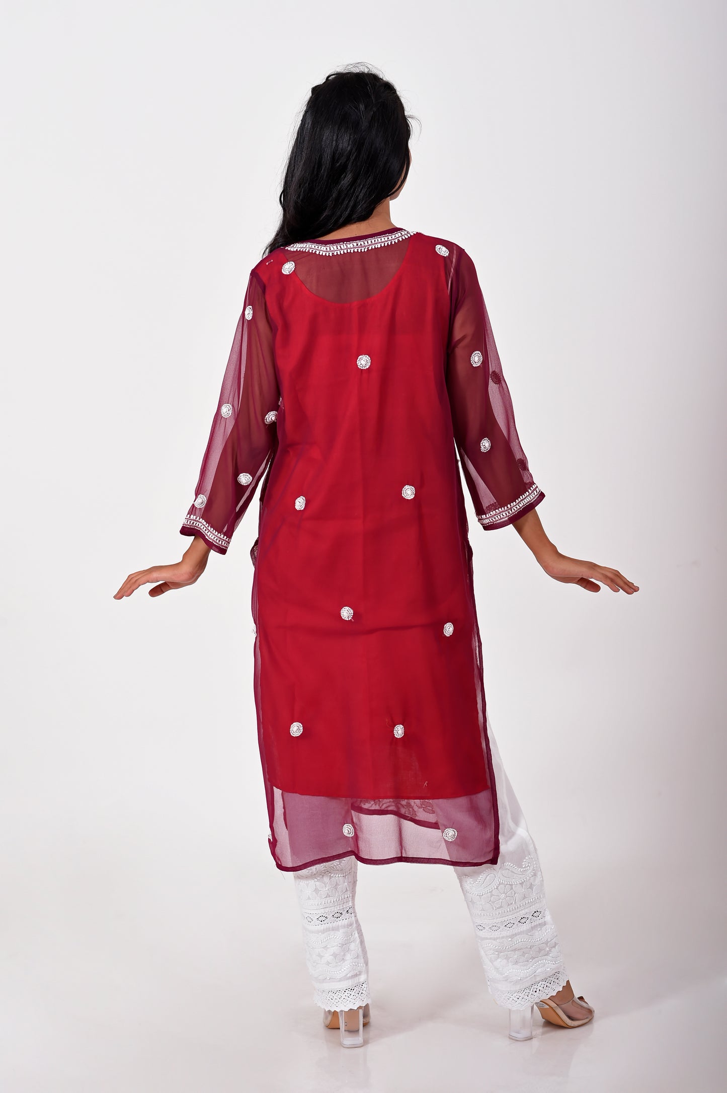 Wine Hand embroided Semi georgette Chikankari Kurti Lucknow Chikan Emporium.