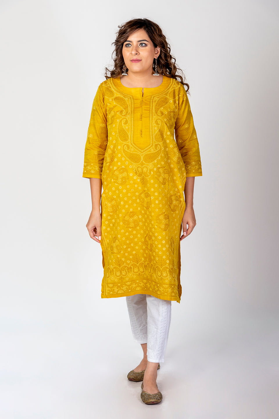 Nice Mustard Yellow Color Hand Chikankari Lucknowi Cotton Silk Kurti