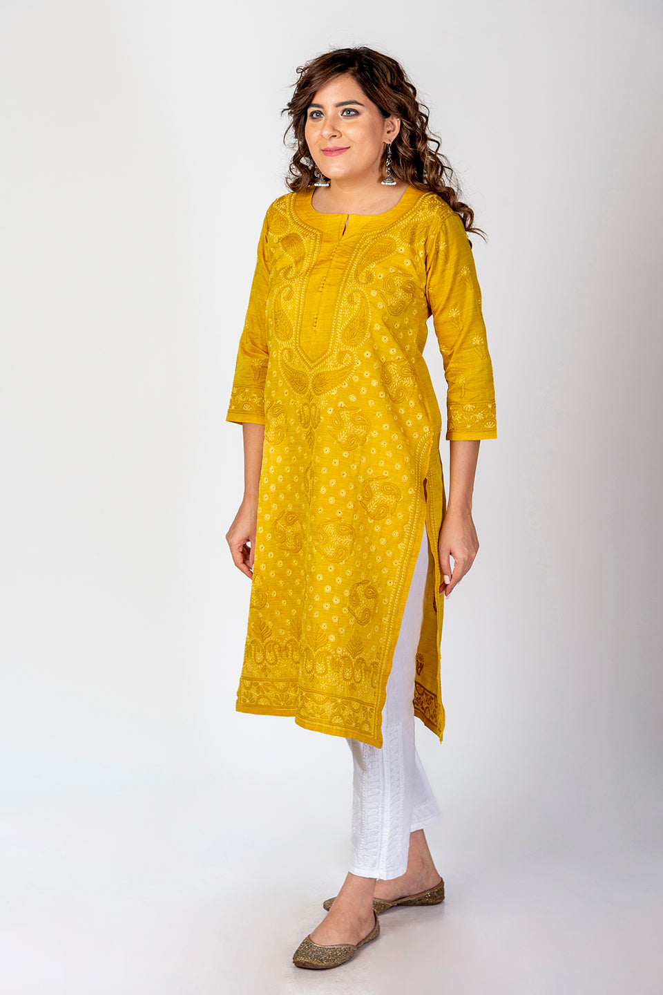 Nice Mustard Yellow Color Hand Chikankari Lucknowi Cotton Silk Kurti