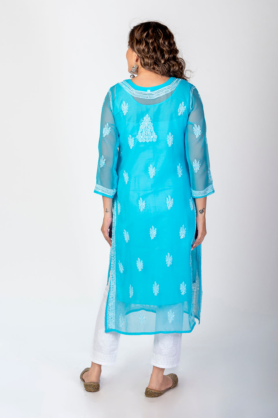 Blue Semi Georgette Skin Friendly Hand Chikankari Kurti Lucknow Chikan Emporium.
