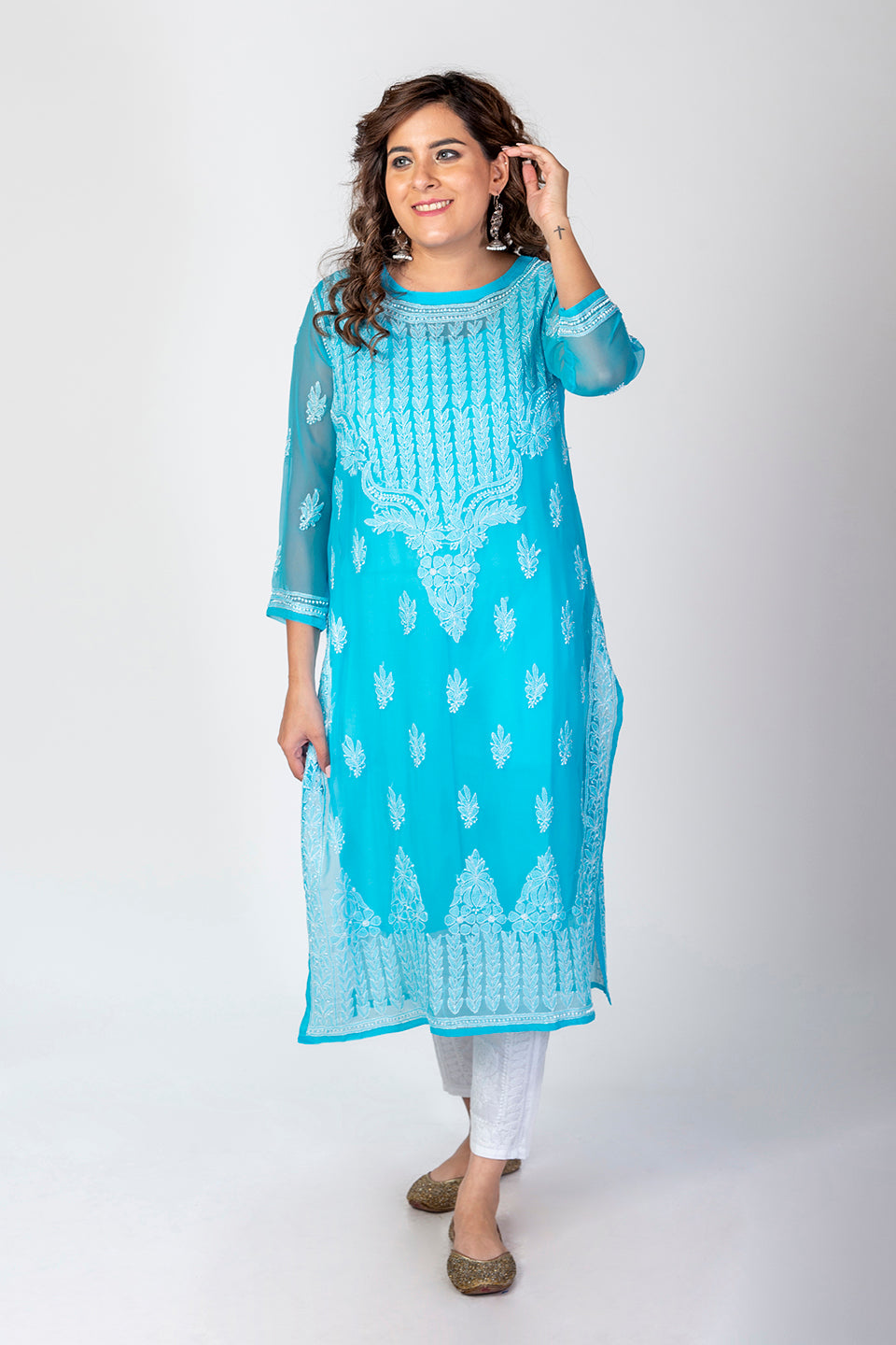 Blue Semi Georgette Skin Friendly Hand Chikankari Kurti Lucknow Chikan Emporium.