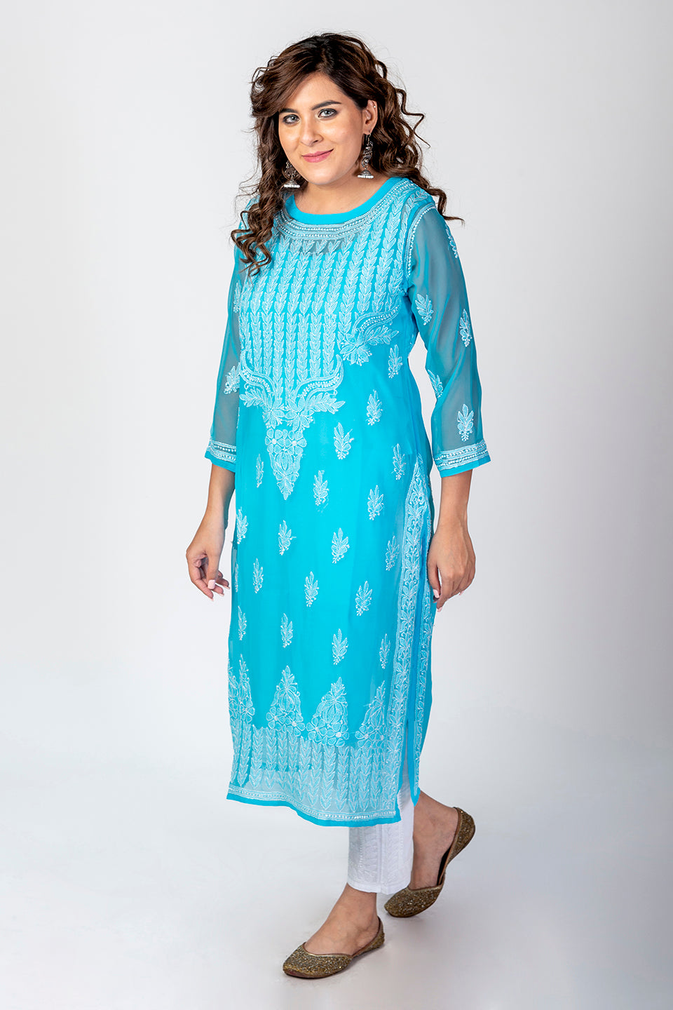 Blue Semi Georgette Skin Friendly Hand Chikankari Kurti Lucknow Chikan Emporium.