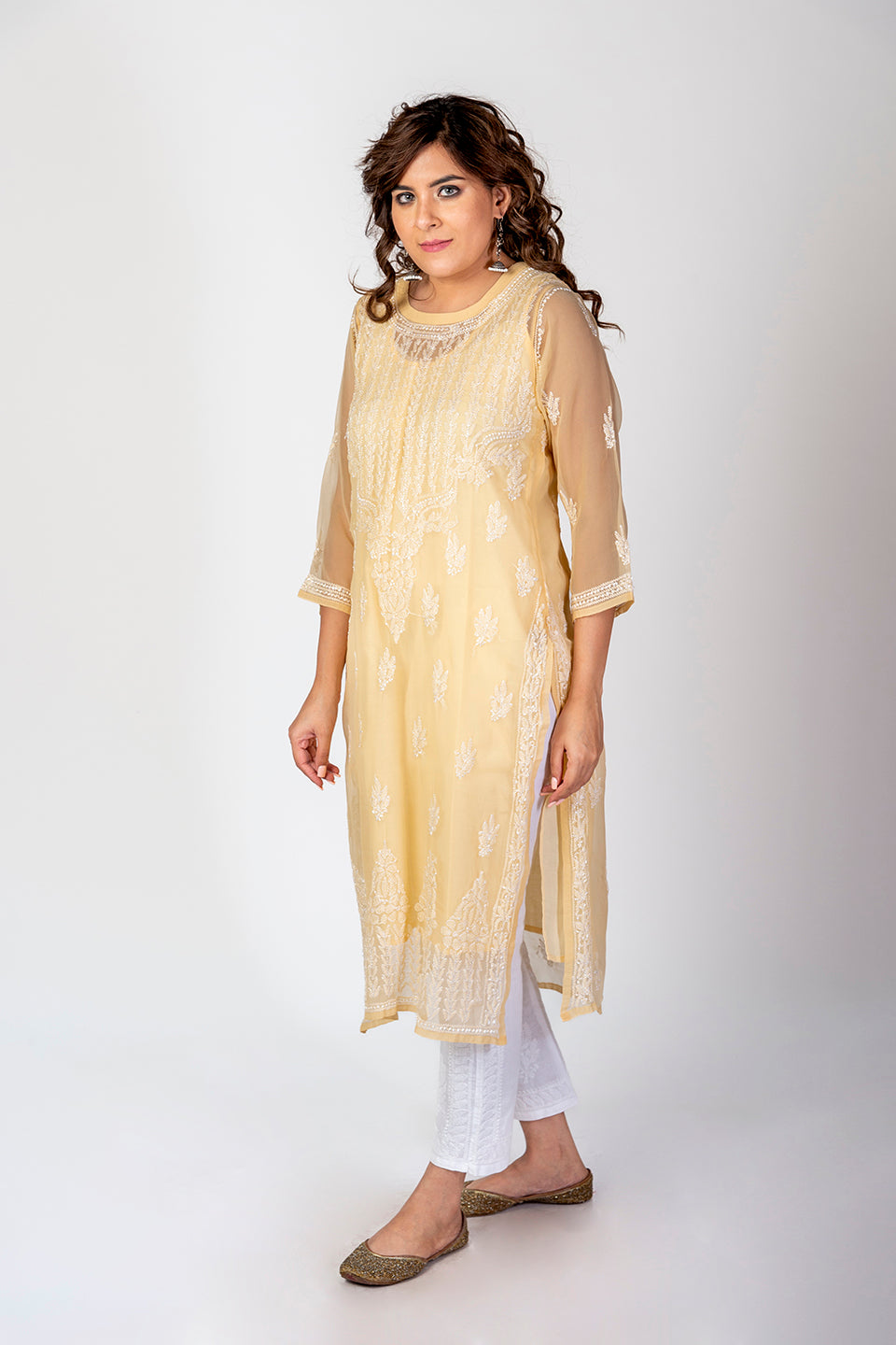 Fawn Semi Georgette Skin Friendly Hand Chikankari Kurti Lucknow Chikan Emporium.