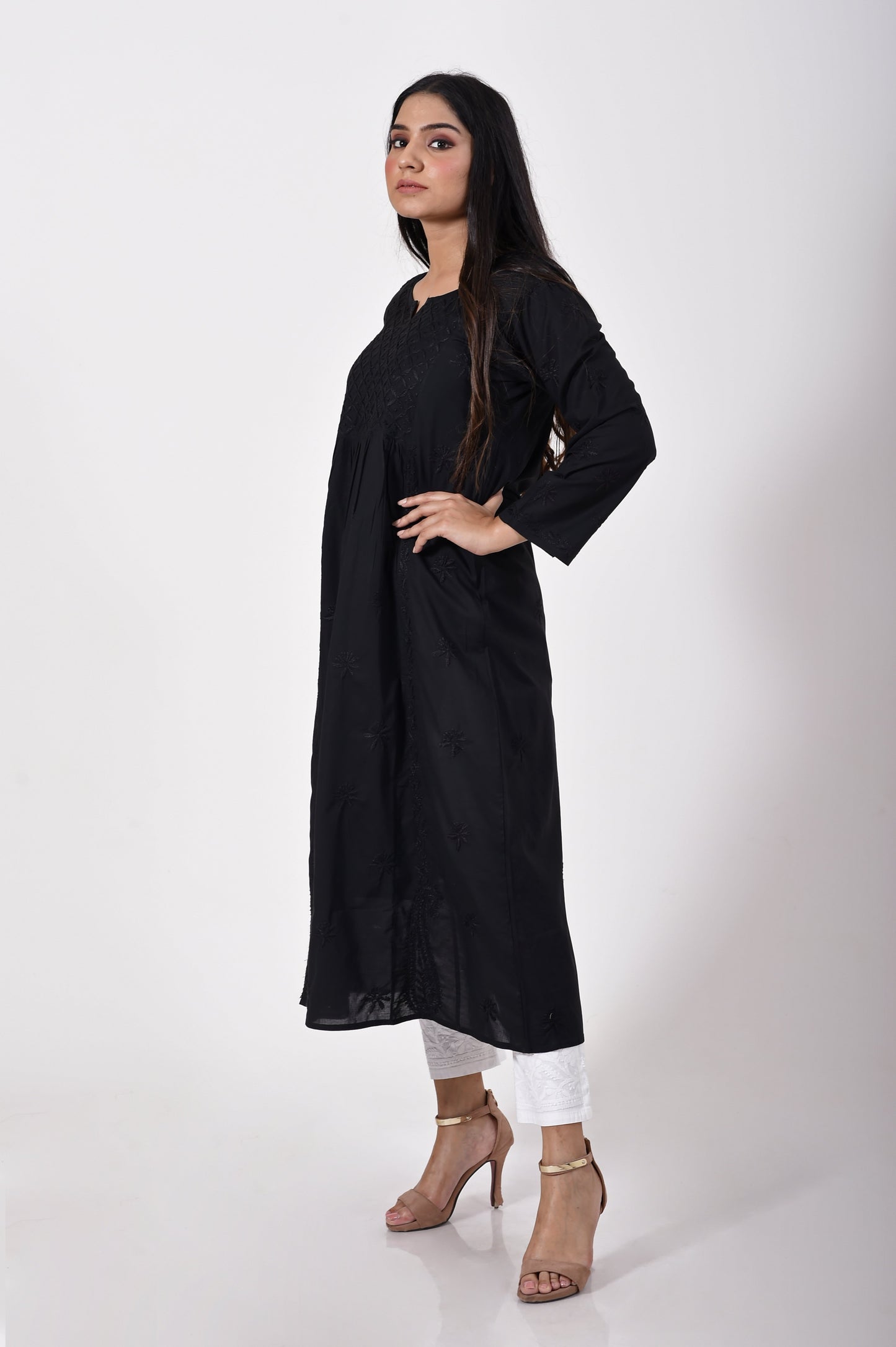 Black Hand embroided skin friendly very soft modal cotton Chikankari Kurti Lucknow Chikan Emporium.