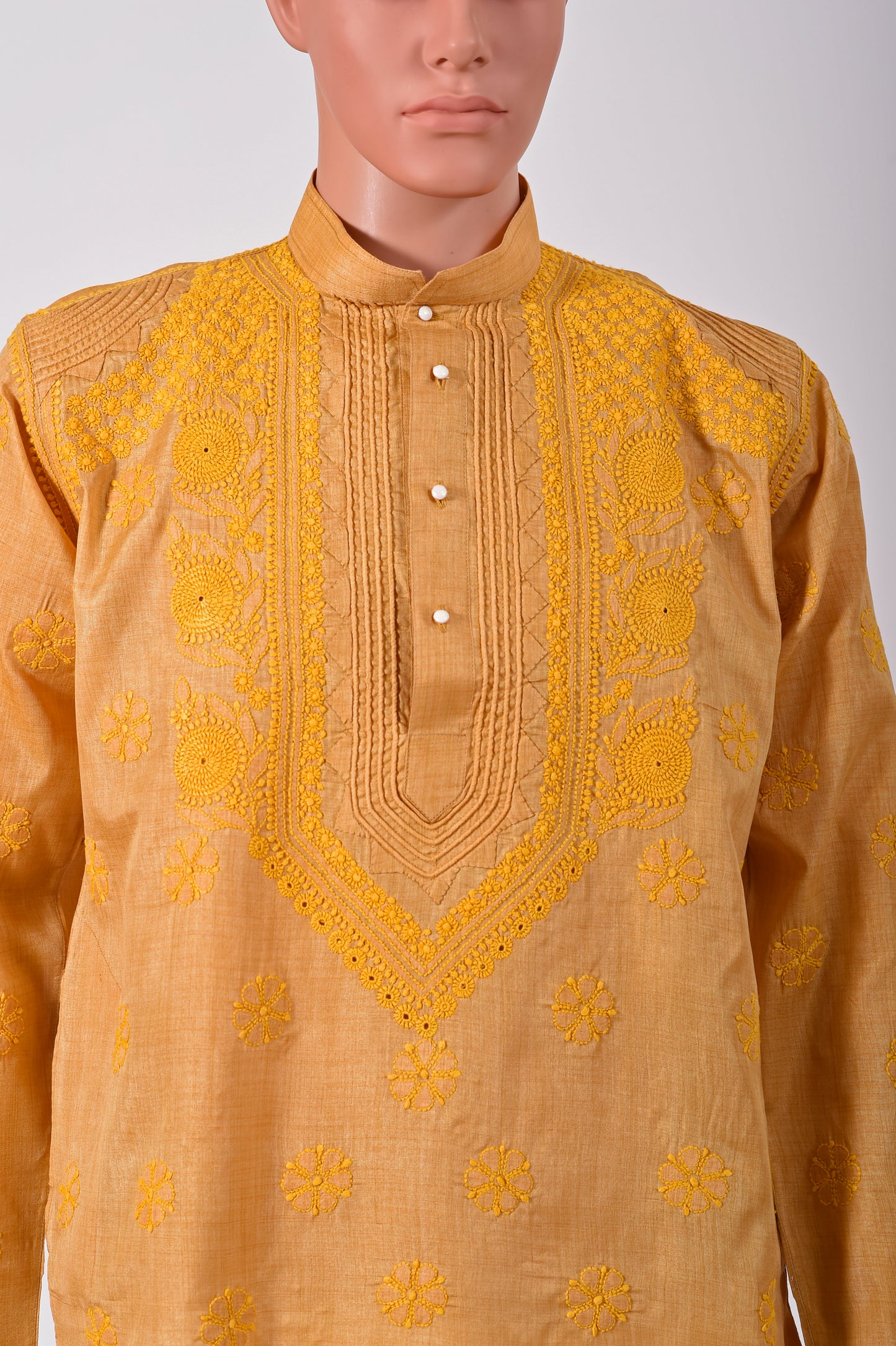 Cotton Yellow Color Lucknow Chikan Emporium Gents Hand Chikankari Kurta