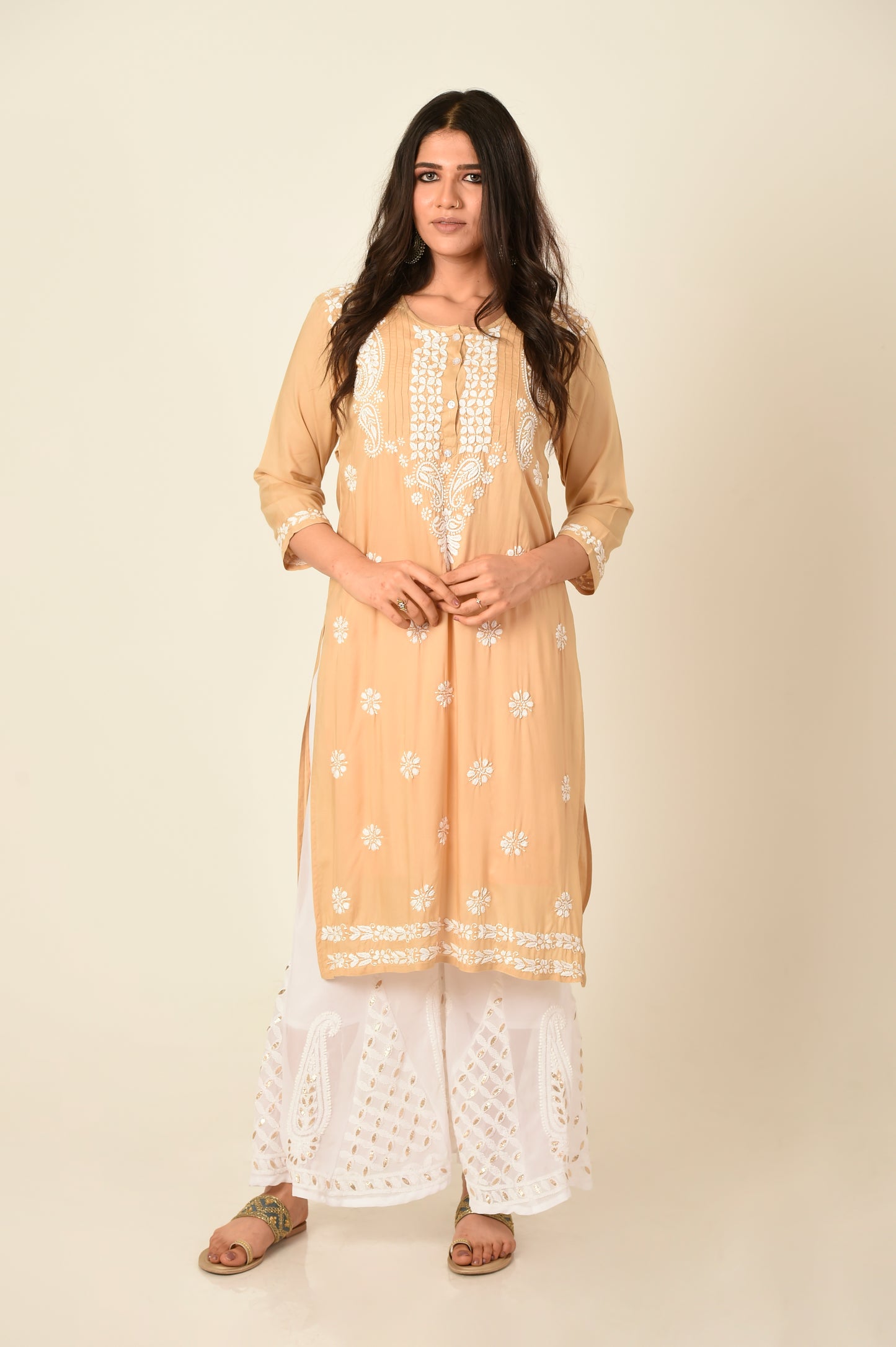 Peach colour Hand embroided skin friendly soft rayon /modal Chikankari Kurti Lucknow Chikan Emporium.