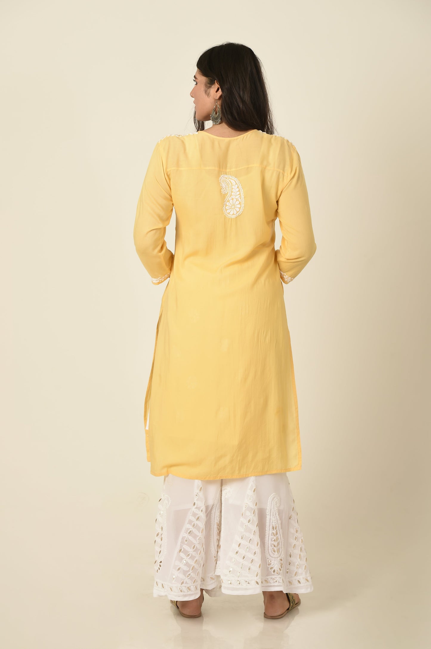 Skin friendly soft rayon /modal mango yellow colour hand embroided chikankari kurti Lucknow Chikan Emporium