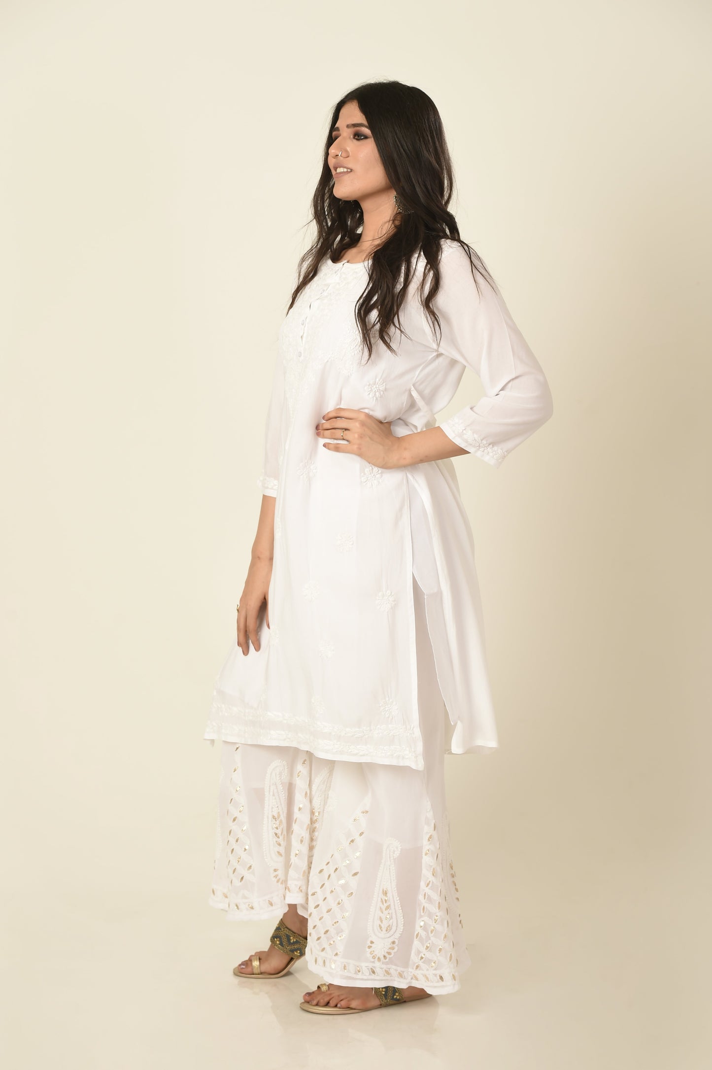 White colour Hand embroided skin friendly soft rayon /modal Chikankari Kurti Lucknow Chikan Emporium.