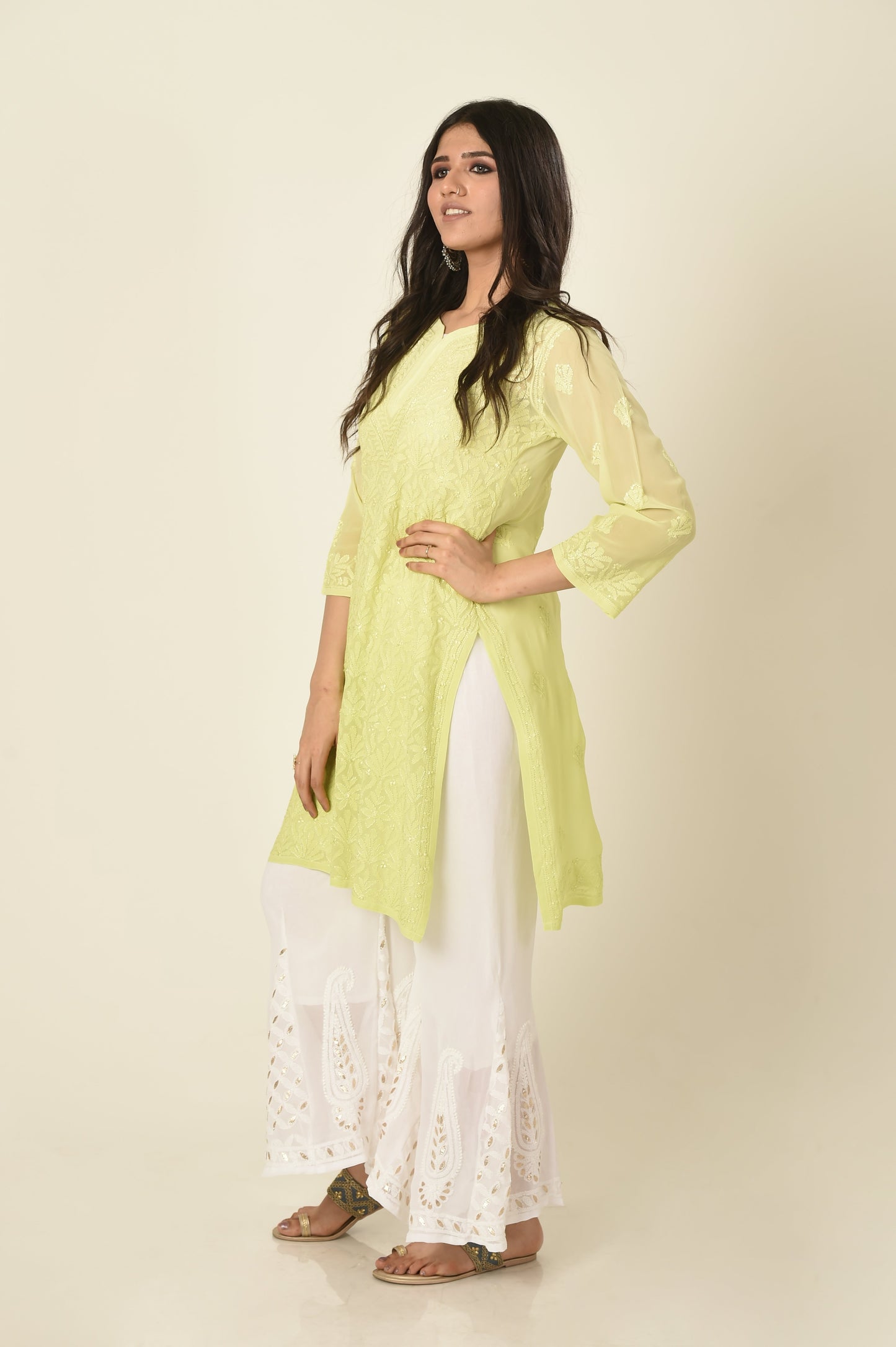 Light green shaded Hand embroided skin friendly soft viscose georgette Chikankari Kurti Lucknow Chikan Emporium.