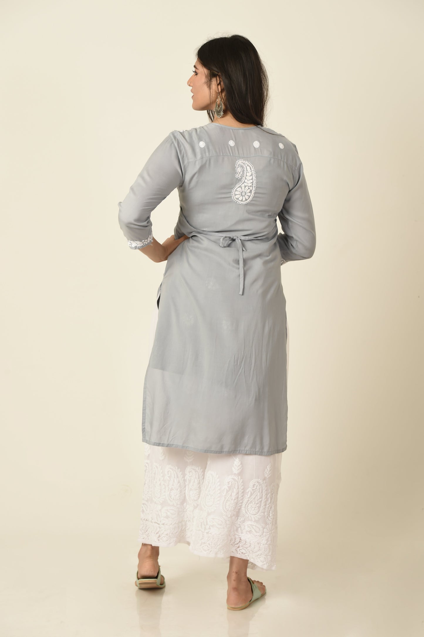 Nice grey colour Hand embroided skin friendly soft rayon /modal Chikankari Kurti Lucknow Chikan Emporium.