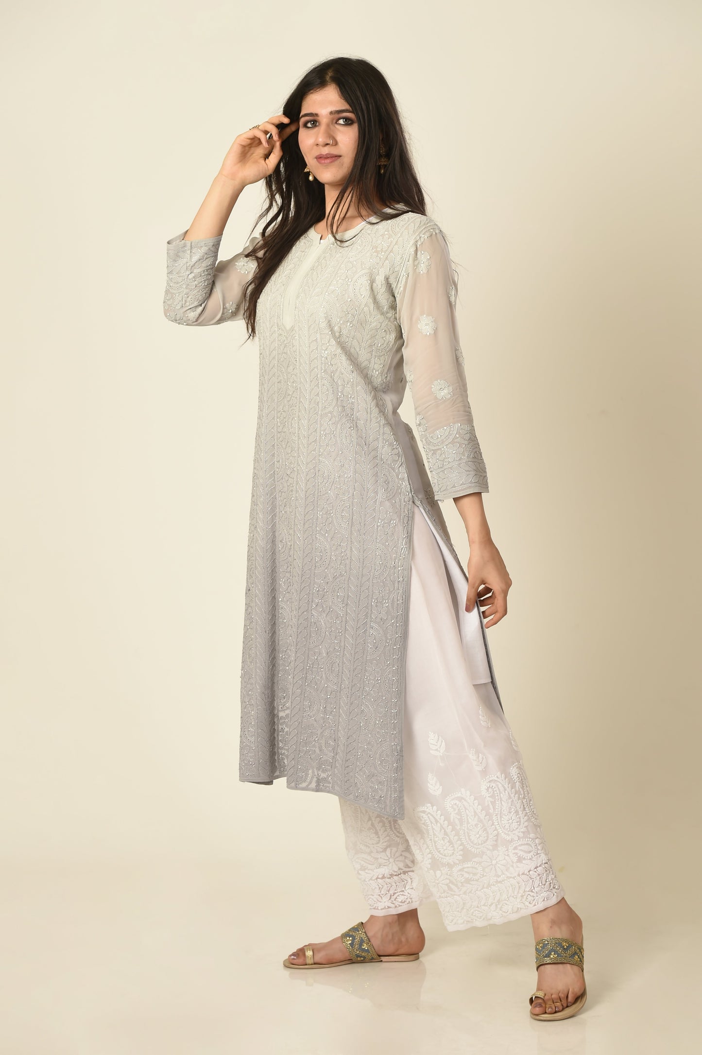 Lucknow Chikan Emporium Hand embroided skin friendly soft viscose georgette light grey shaded Chikankari Kurti