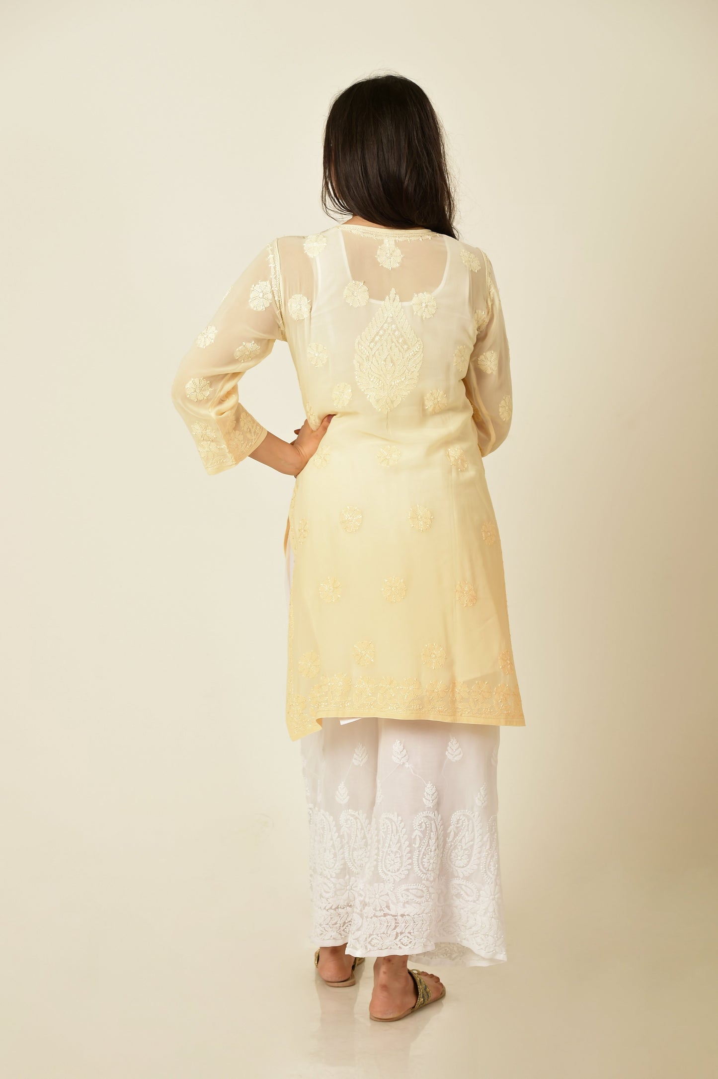 Light fawn shaded Chikankari Hand embroided skin friendly soft viscose georgette Kurti Lucknow Chikan Emporium.