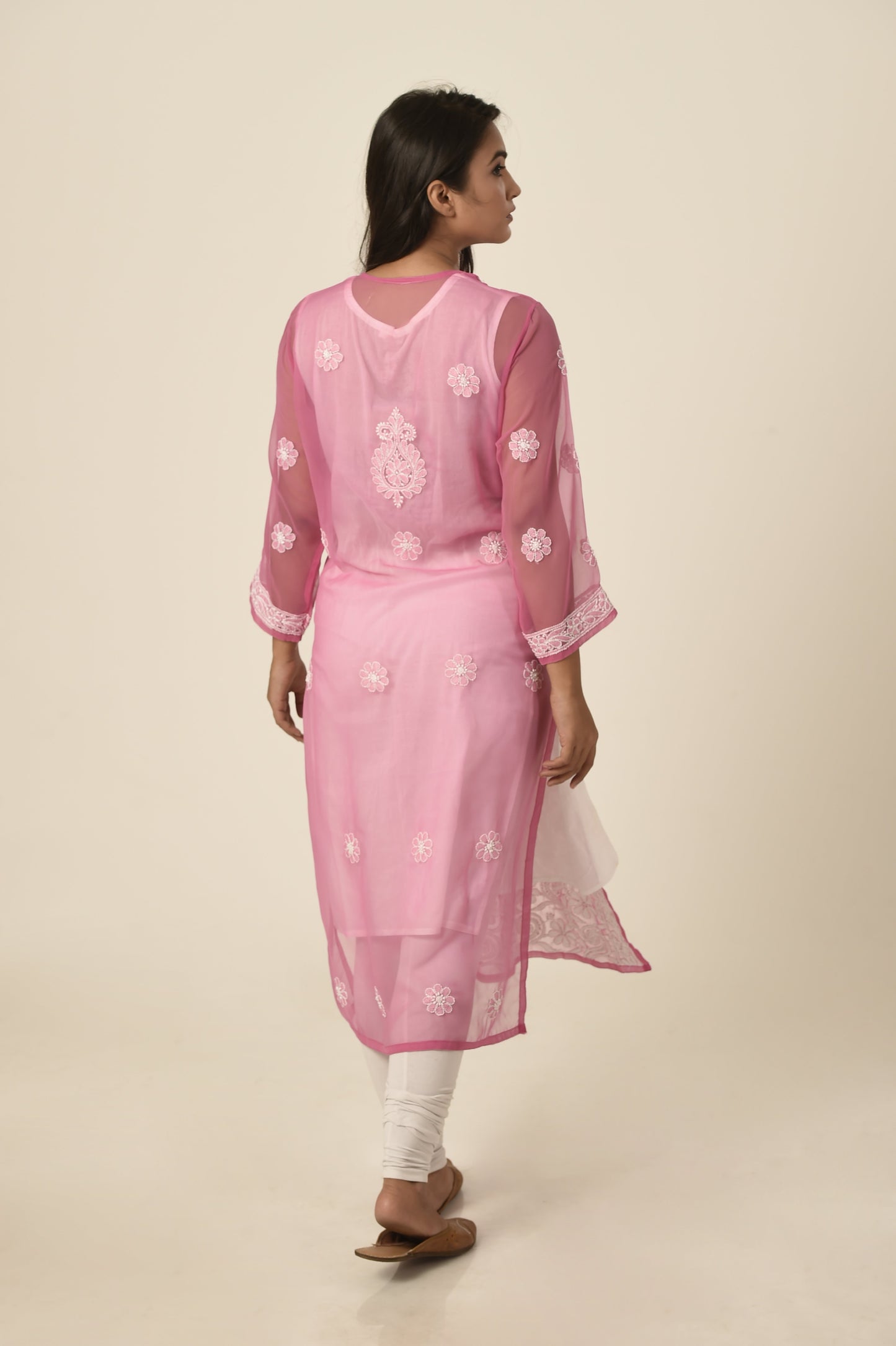 Lucknow Chikan Emporium Hand embroided Semi georgette Chikankari Kurti magenta