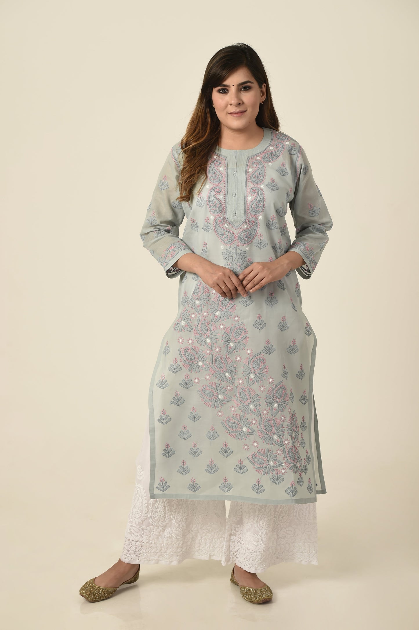 Grey colour Hand embroided cotton Chikankari Kurti Lucknow Chikan Emporium.