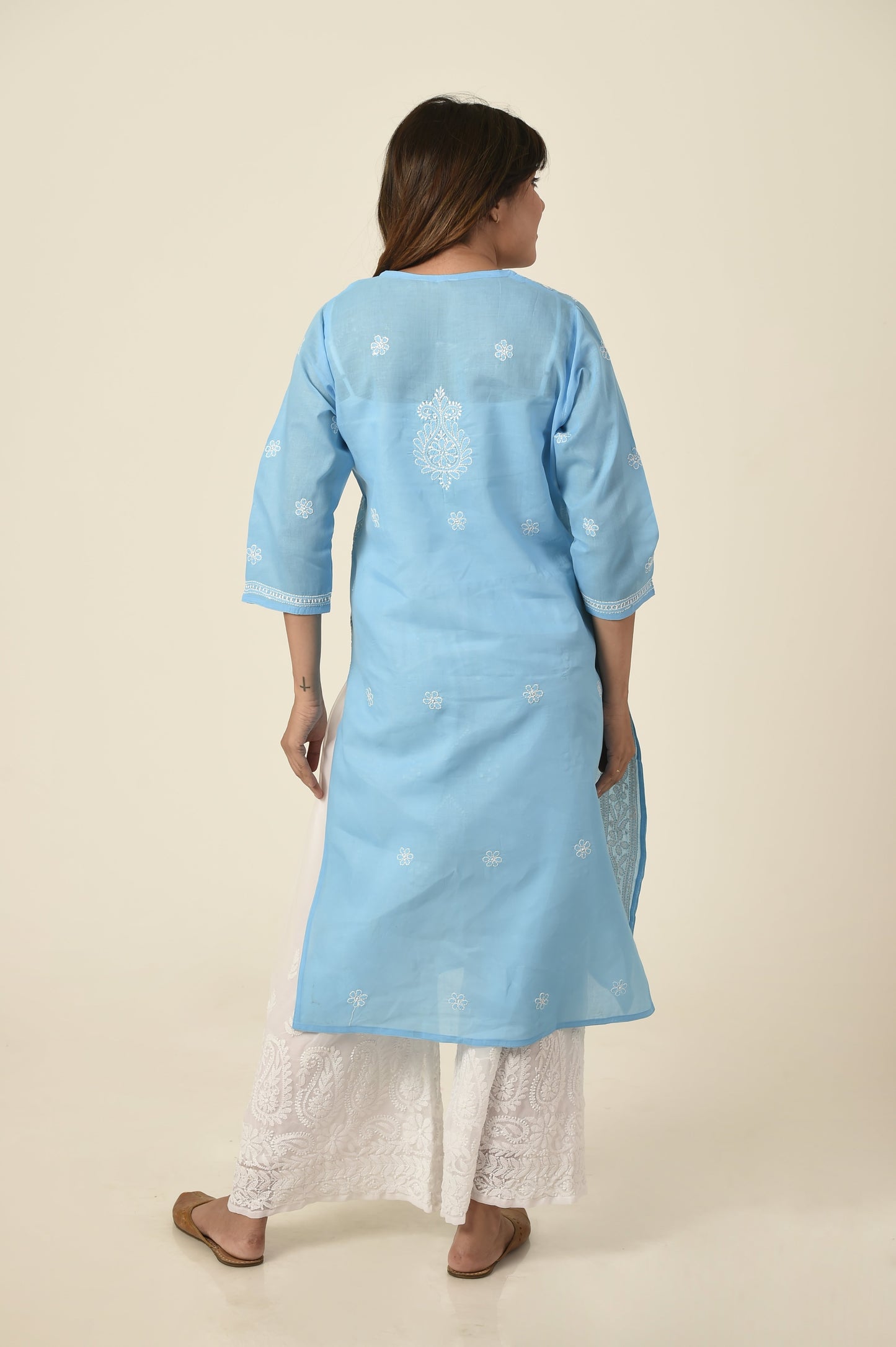 Sky blue colour Hand embroided cotton Chikankari Kurti Lucknow Chikan Emporium.