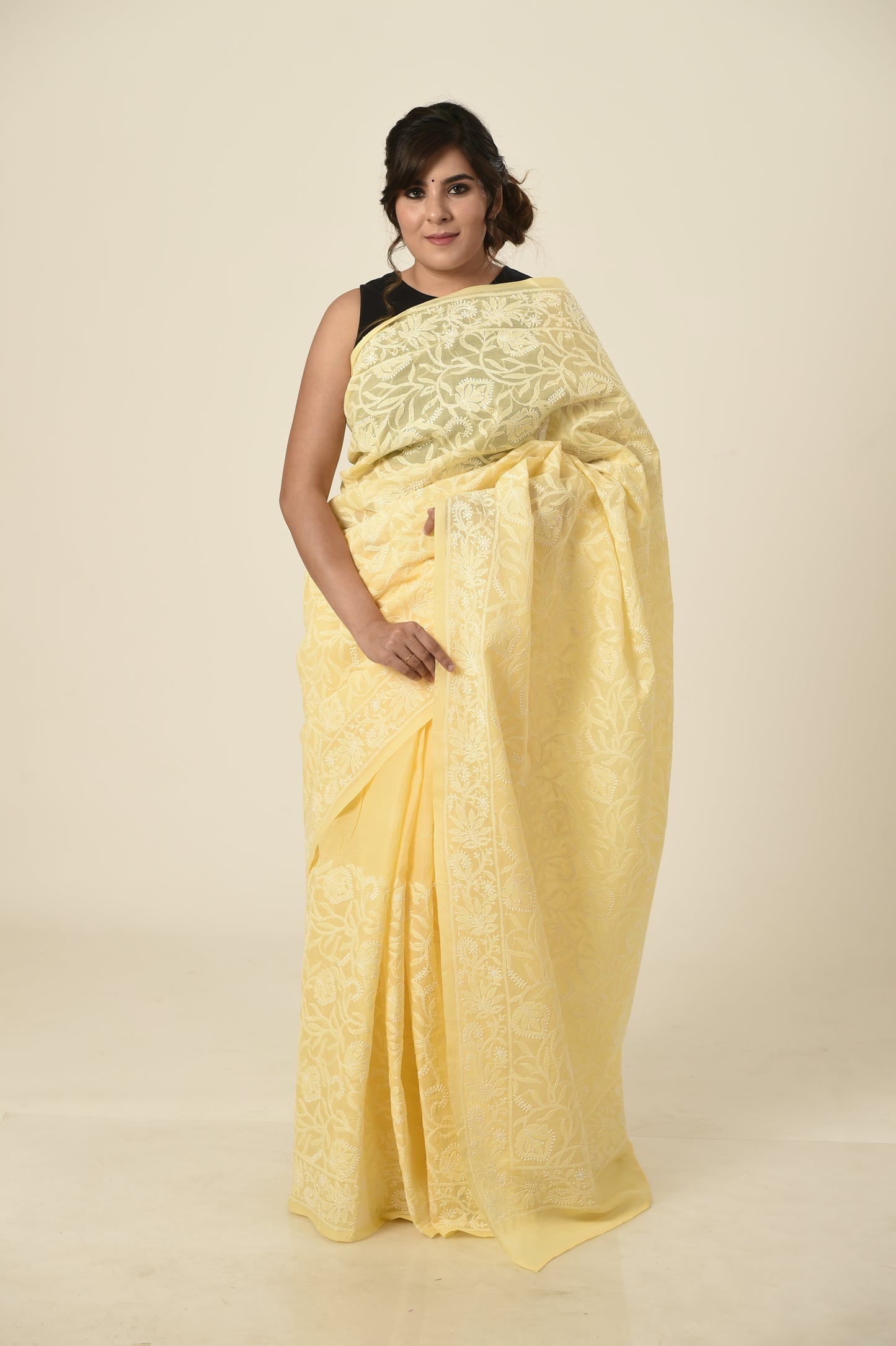 Lucknow Chikan Emporium Cotton Saree Yellow Colour with same colour blouse piece included.