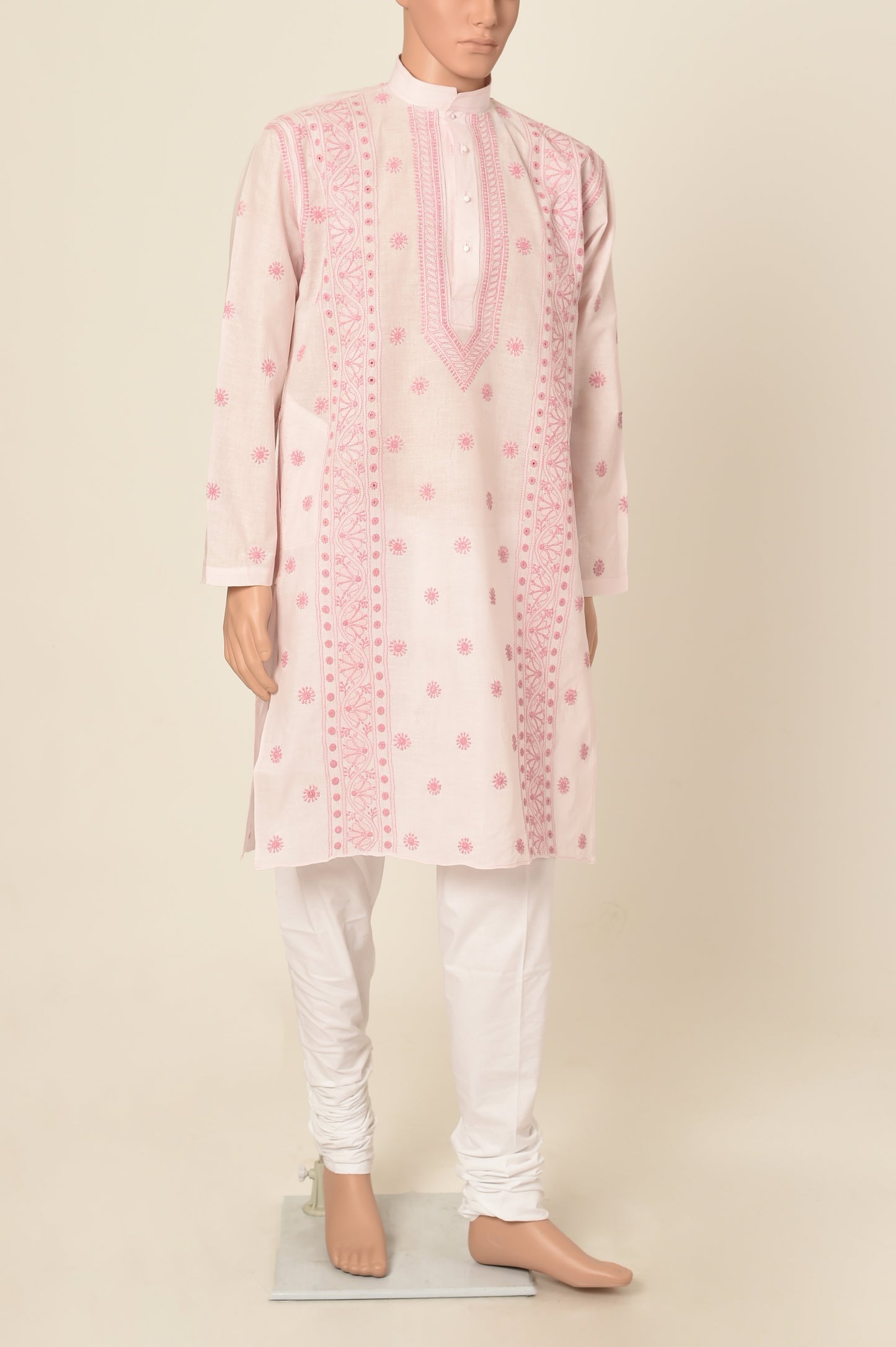 Lucknow Chikan Emporium Hand Chikankari cotton pink colour gents kurta
