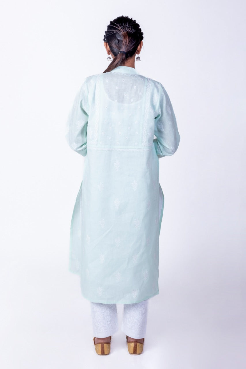 Skin Friendly Cotton A linen Chikankari Kurti Nice light Blue Colour Lucknow Chikan Emporium.