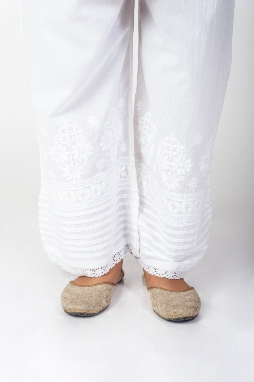 Soft Skin Friendly Dyable Cotton Palazoo With Cotton Thread Hand Chikan Embroided Lucknow Chikan Emporium.