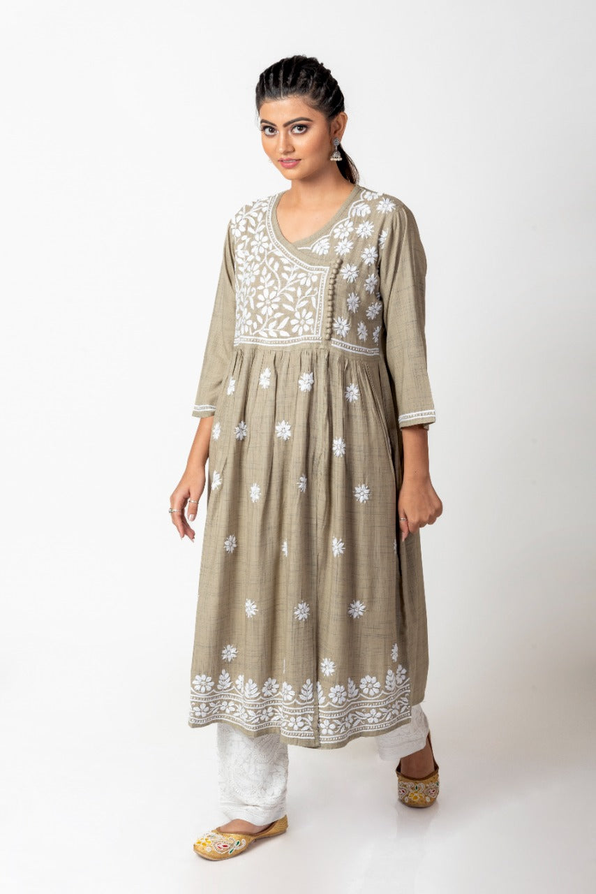 Lucknow Chikan Emporium Hand Embroided Cotton Rayon Chikankari Rusty Green Angarkha Kurti