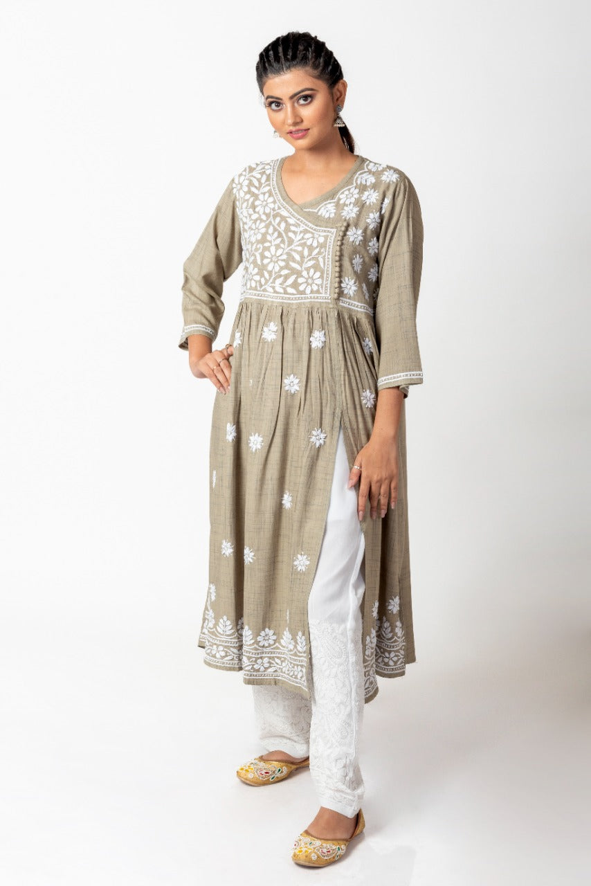 Lucknow Chikan Emporium Hand Embroided Cotton Rayon Chikankari Rusty Green Angarkha Kurti