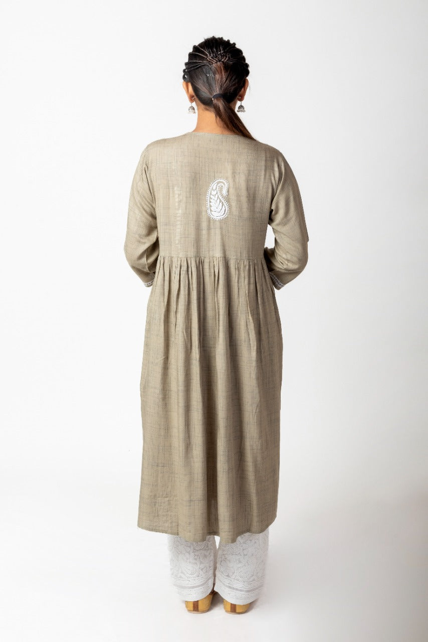 Lucknow Chikan Emporium Hand Embroided Cotton Rayon Chikankari Rusty Green Angarkha Kurti
