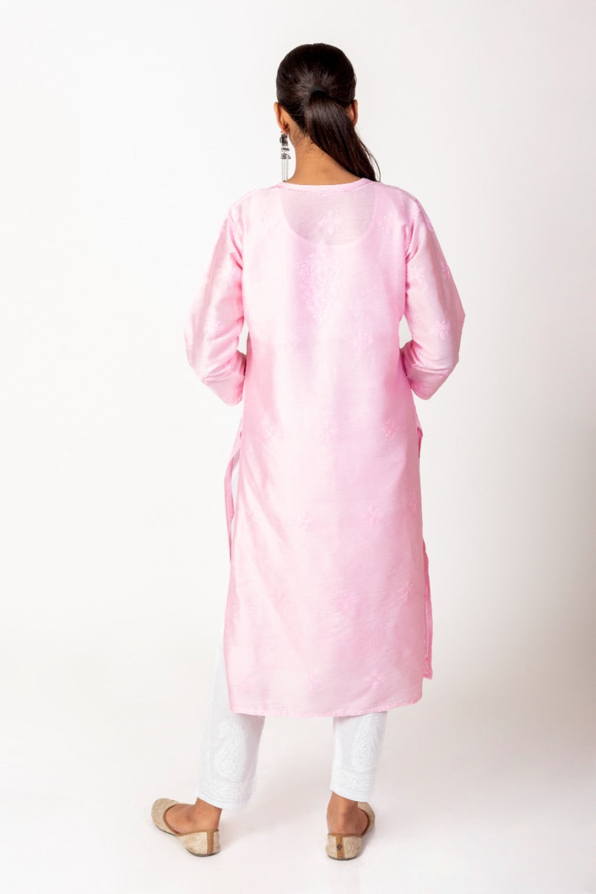 Lucknow Chikan Emporium Hand Lucknowi Chikankari Chanderi Cotton Pink Color Kurti.