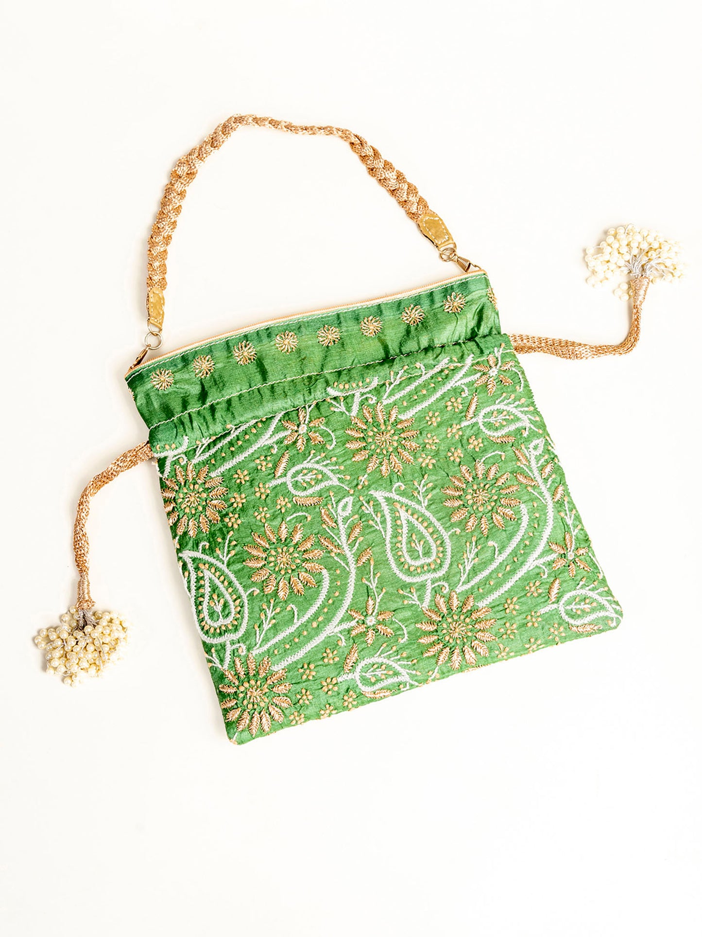 Mehndi Green Silk Square Potali Hand Chikankari Lucknow Chikan Emporium.