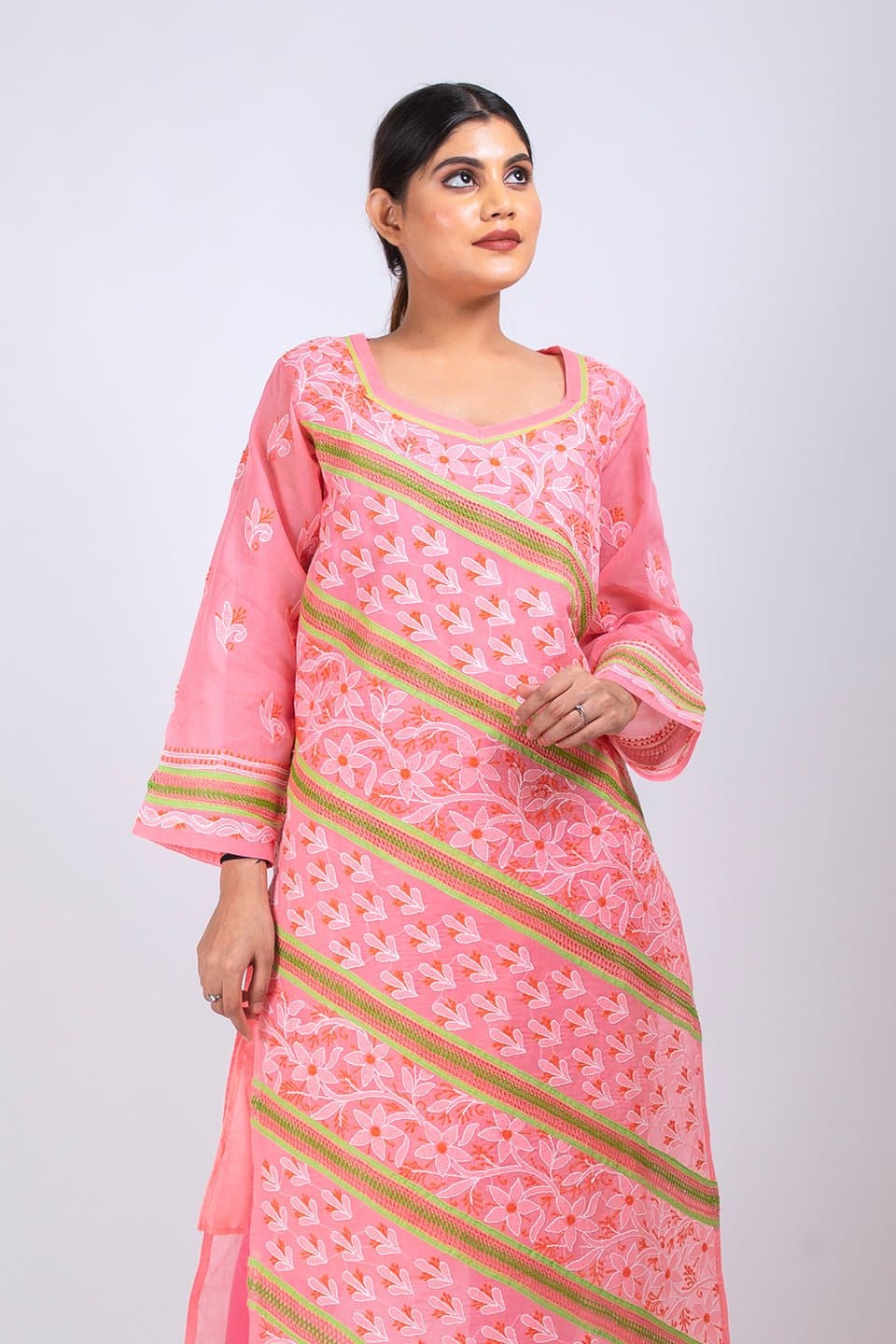 Lucknow Chikan Emporium Hand Chikankari Cotton Kurti (Bright Pink)