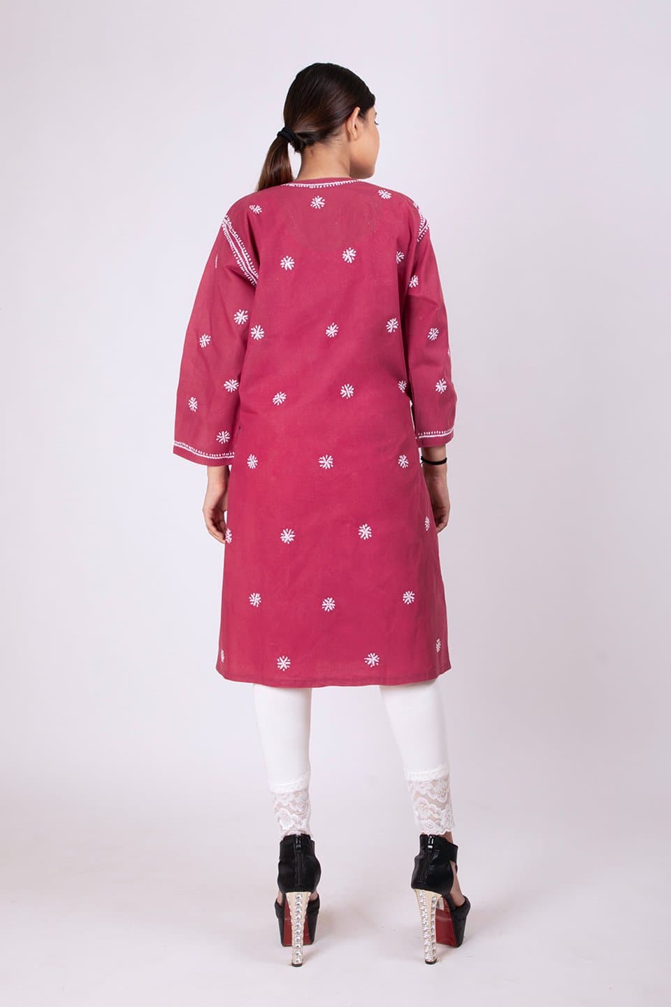 Lucknow Chikan Emporium Hand Chikankari Cotton Kurti (Elegant Wine)