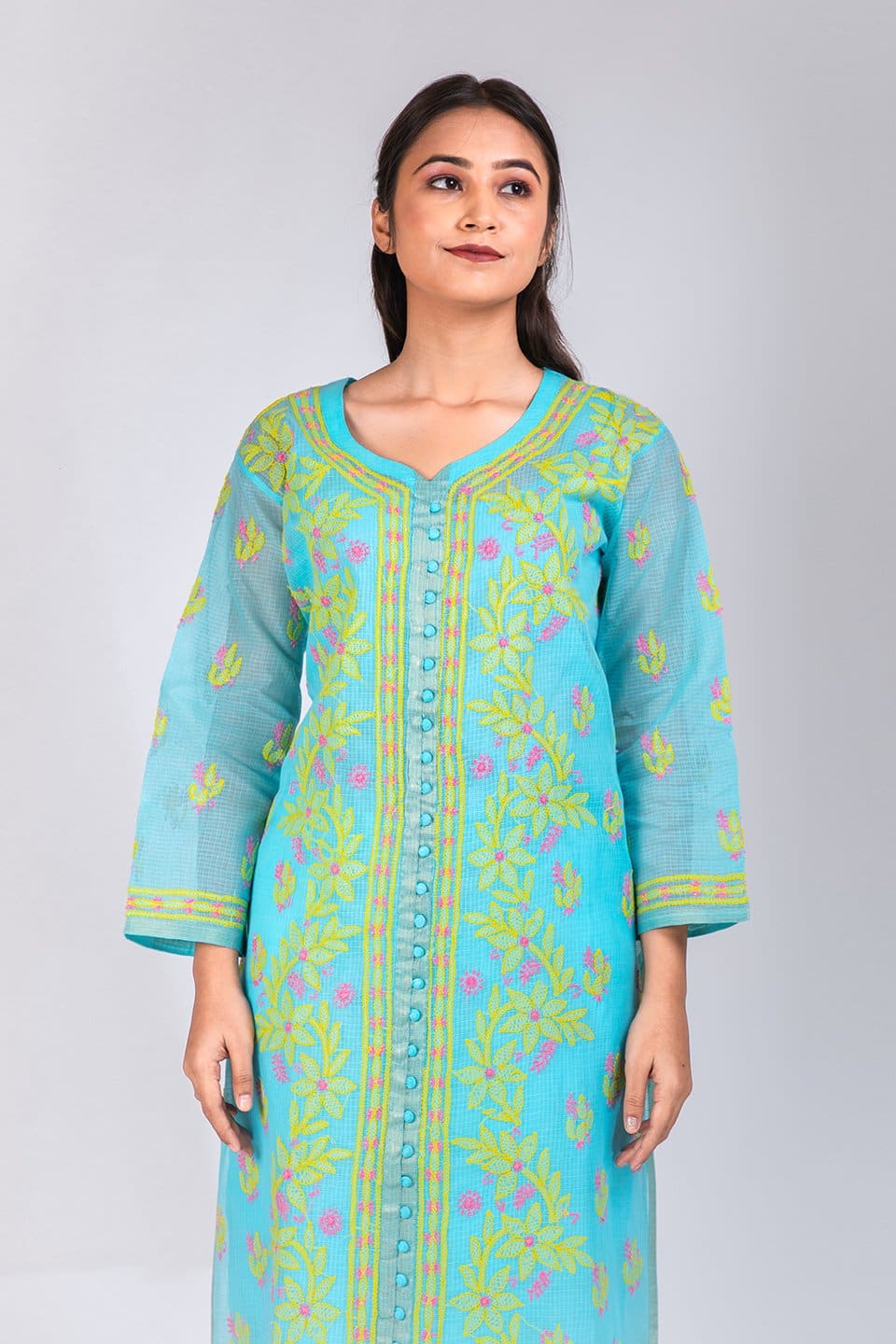 Lucknow Chikan Emporium Hand Chikankari Elegant Kota Kurti (Ferozi Color)