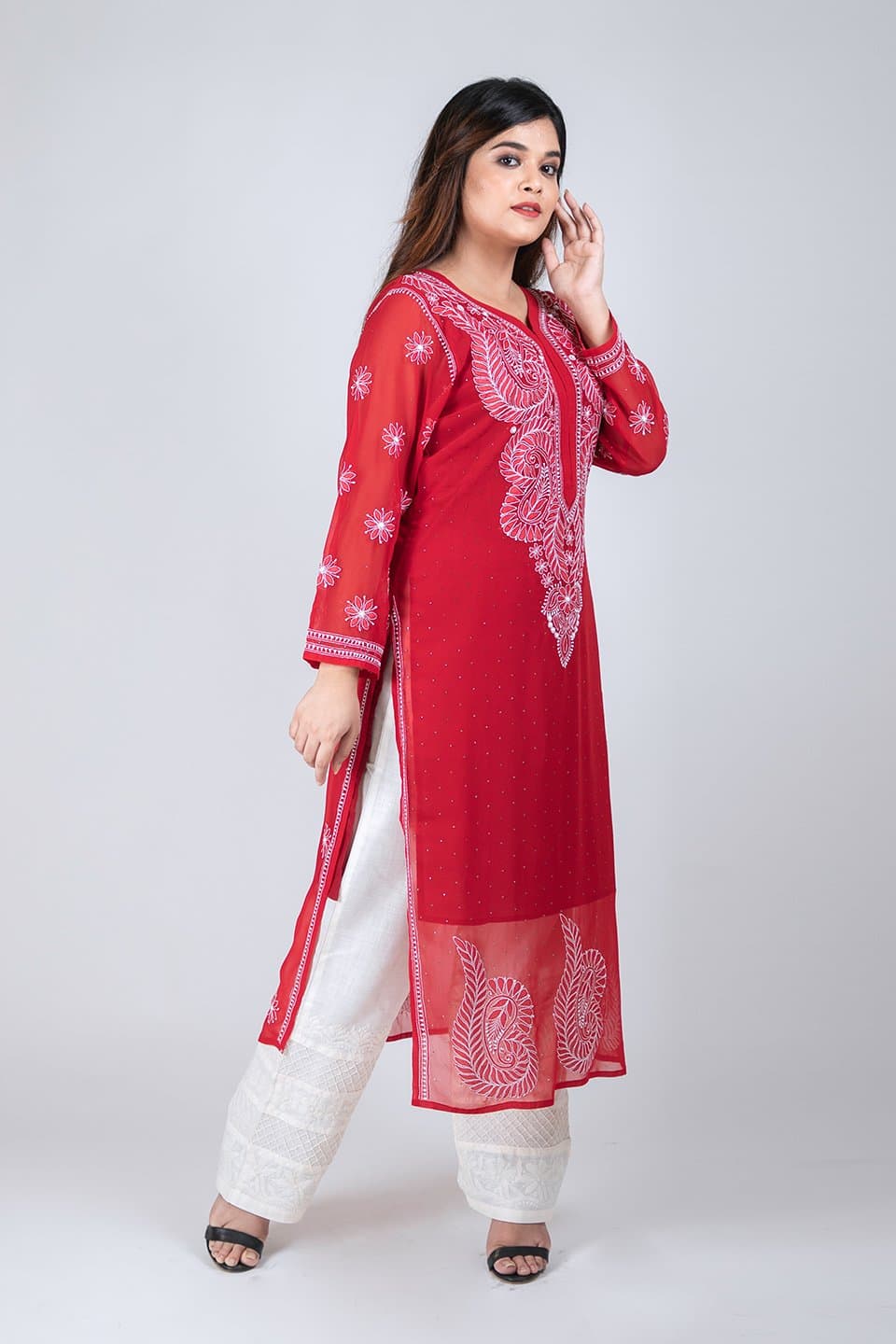 Lucknow Chikan Emporium Hand Chikankari Elegant Semi Georgette Kurti (Red Color)