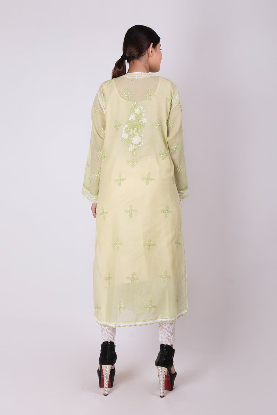 Lucknow Chikan Emporium Hand Chikankari Lucknowi Kurti (Leaf Green Color)