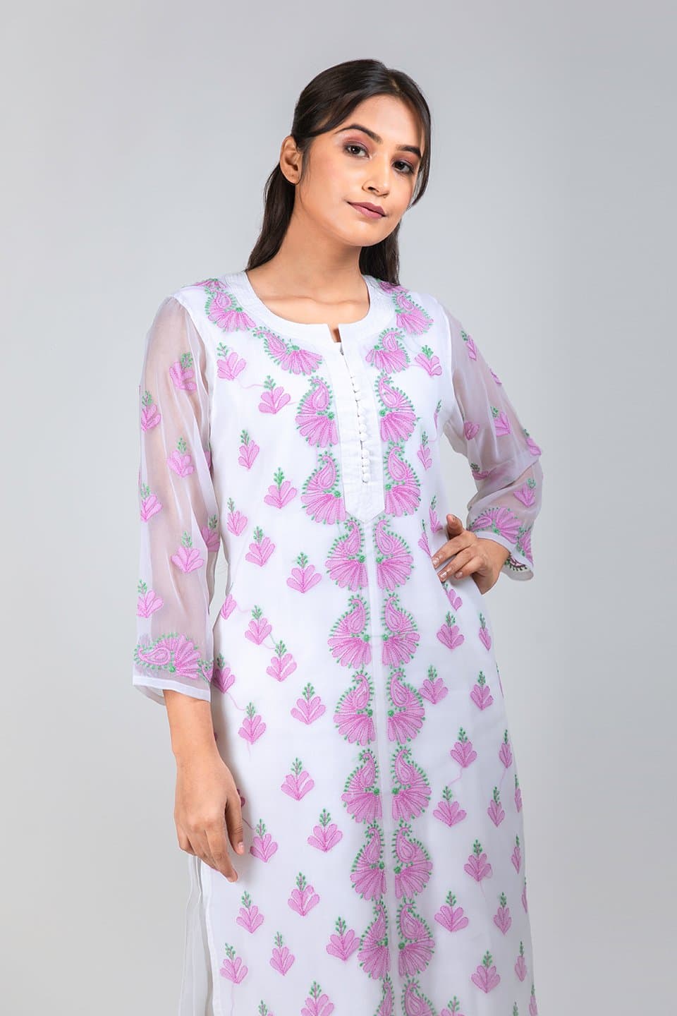 Lucknow Chikan Emporium Hand Chikankari Lucknowi Kurti (White Color)