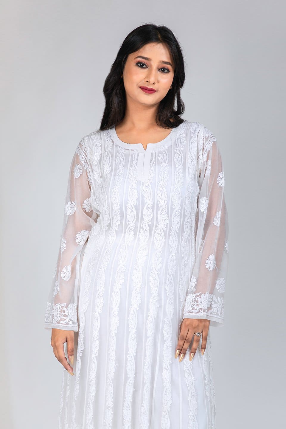 Lucknow Chikan Emporium Hand Chikankari Semi Georgette Anarkali (White Color)