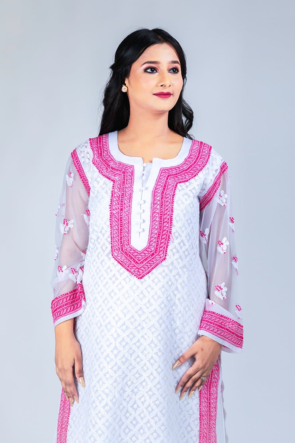Lucknow Chikan Emporium Hand Chikankari Semi Georgette Kurti (White Color)