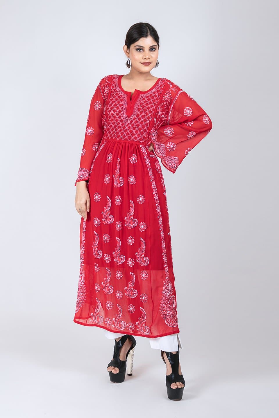 Lucknow Chikan Emporium Hand Chikankari Semi Georgette. Kurti (Red Color)