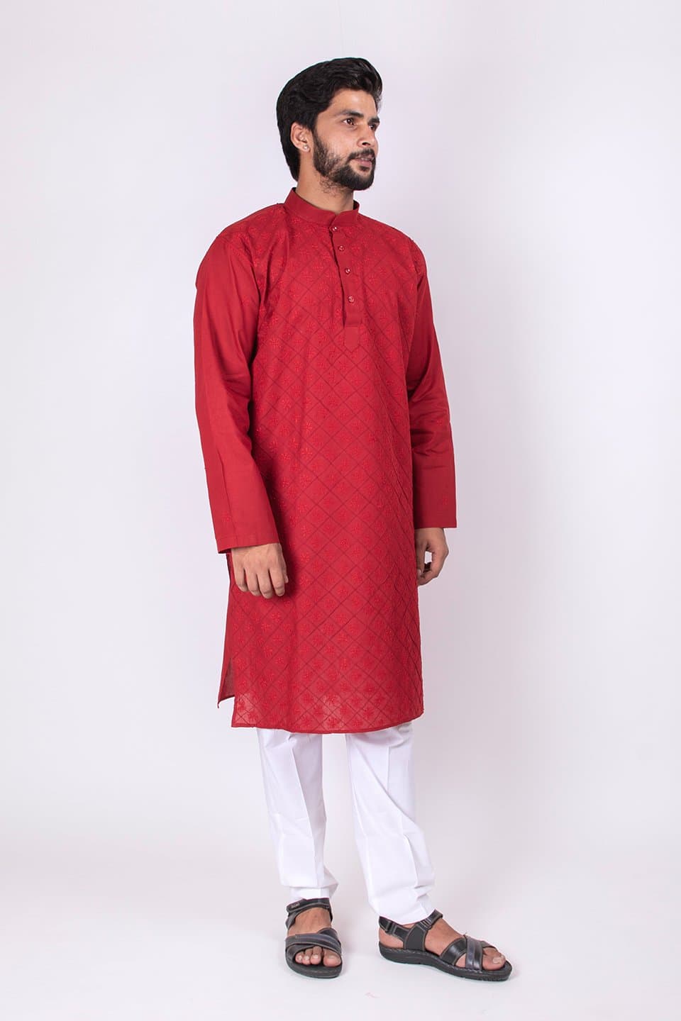 Lucknow Chikan Emporium Mens Chikankari Cotton Kurta Maroon