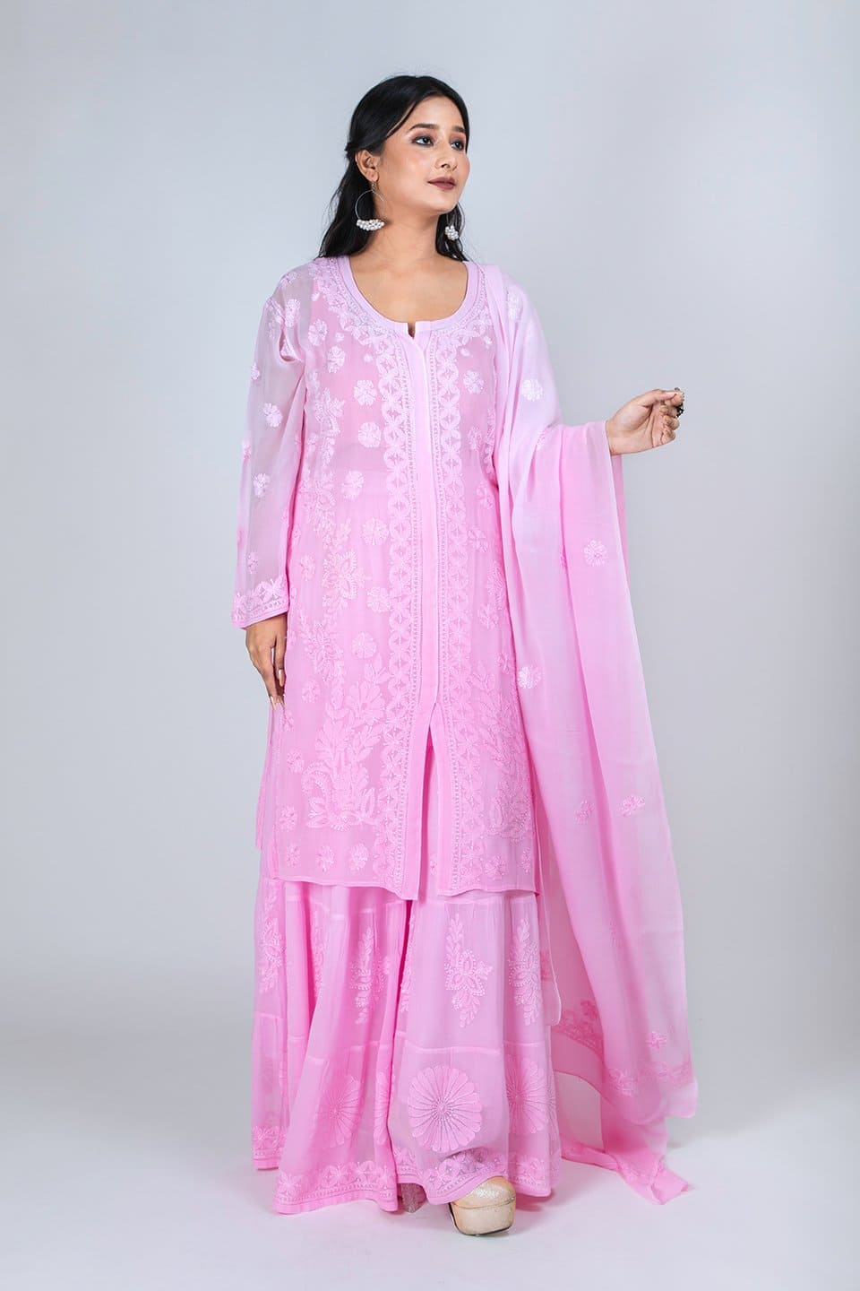 Lucknow Chikan Emporium Sharara Set With Duppatta (Pink)