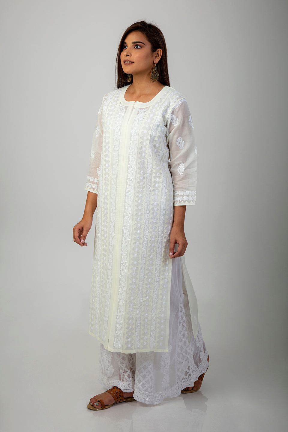 Cream Color Hand Chikankari cotton Kurti Lucknow Chikan Emporium.