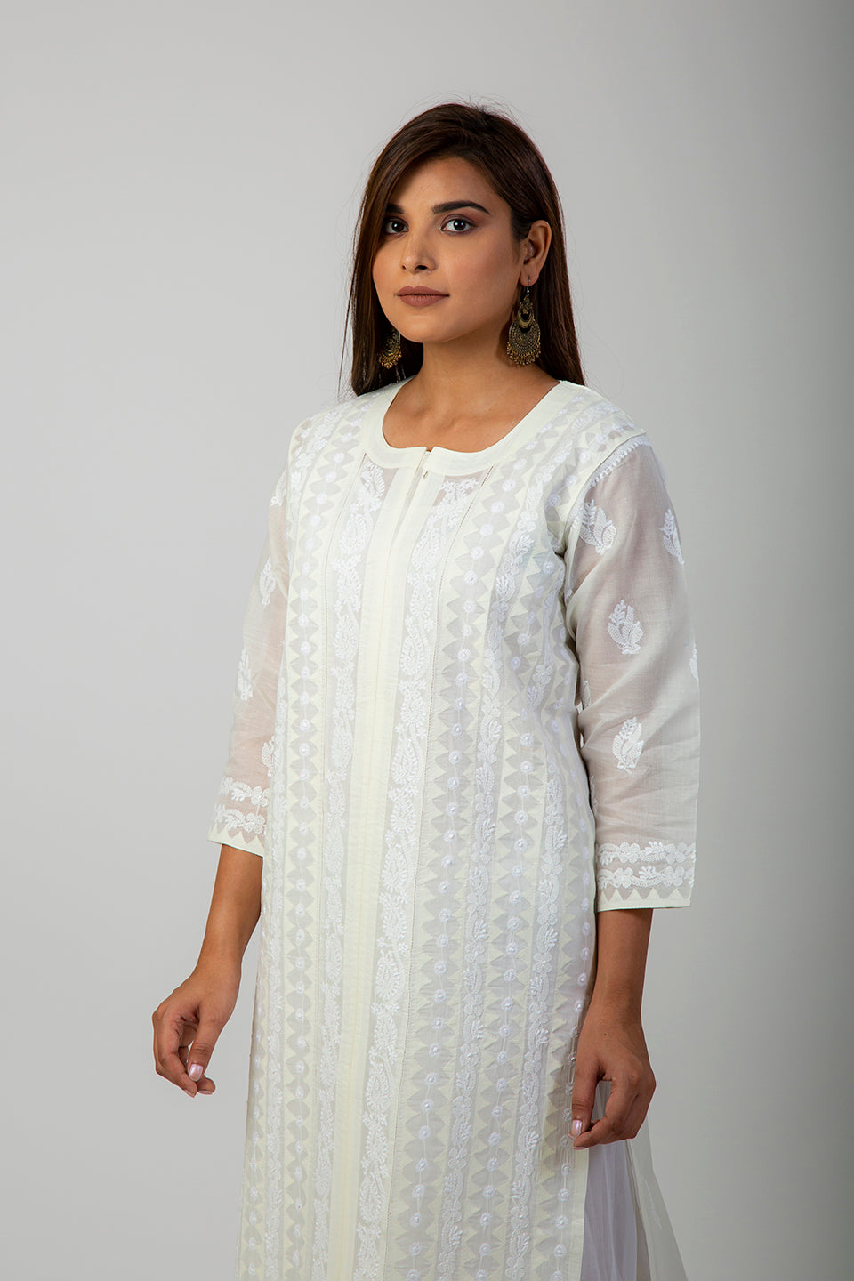 Cream Color Hand Chikankari cotton Kurti Lucknow Chikan Emporium.